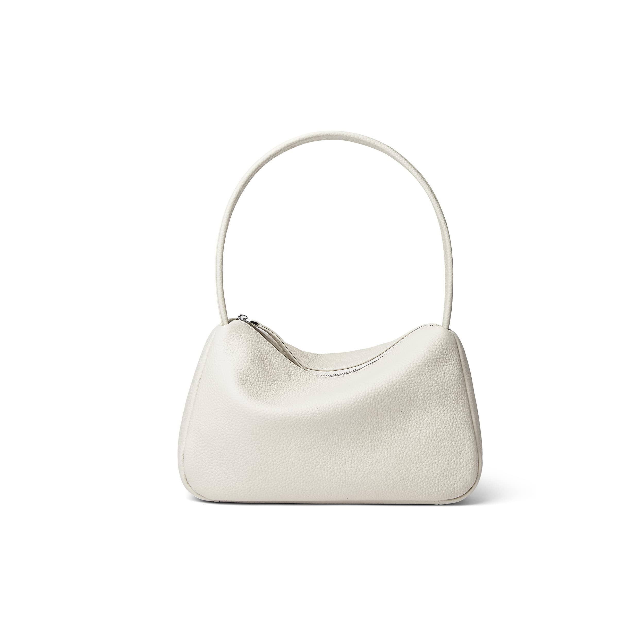 Front. Live At Space - Small Genuine Leather Tote Bag For Women Top Handle Shoulder Purse With Zipper Closure [Superior Imported TOGO Leather - Off-white.
