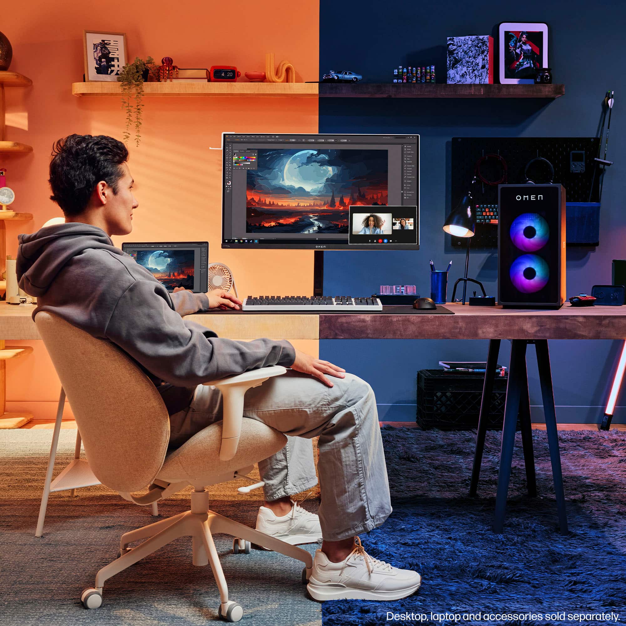 The image shows a man sitting in a chair in front of a computer desk with a monitor, keyboard, and mouse. The man is using the computer, and there is a laptop on the desk as well. The scene also includes a cell phone, a clock, and a potted plant. The image is described as a "computer room" and "computer desk."