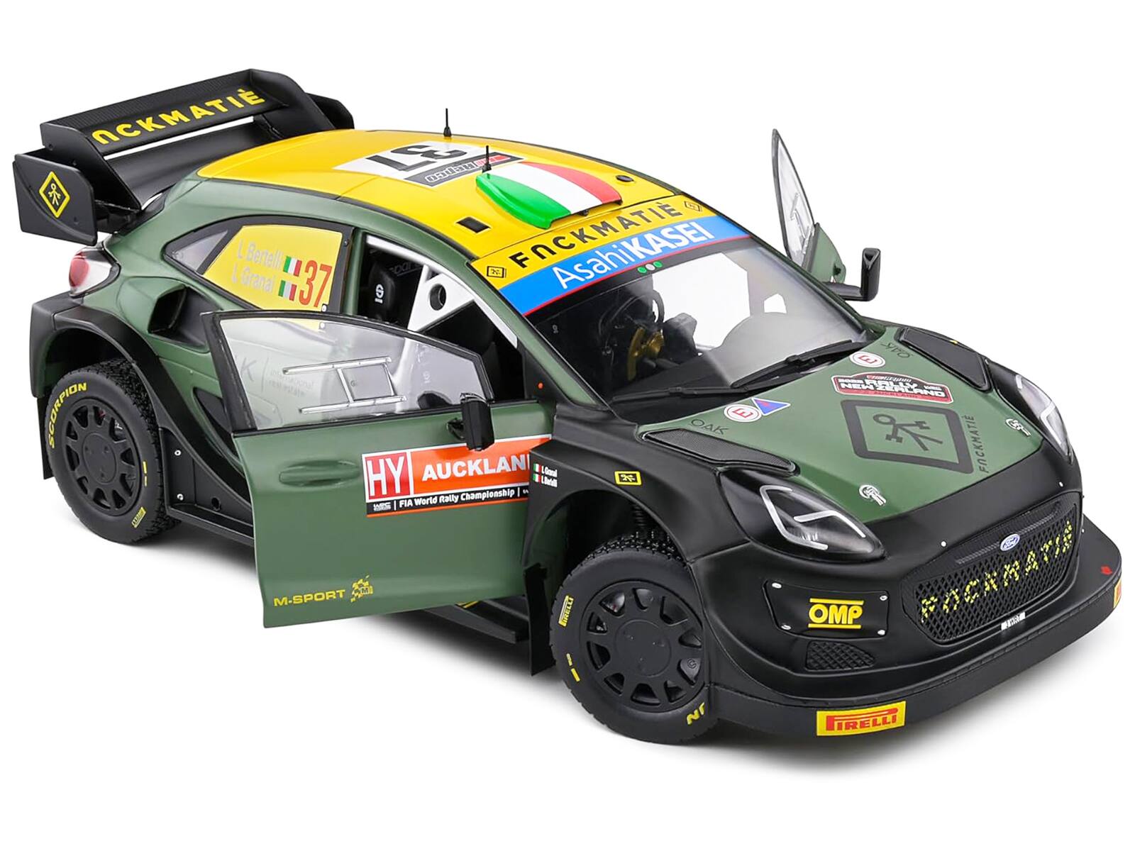 Sure, here is the corrected and grouped text from the image:

- **Front Hood:**
  - "FNC KMATIE"
  - "AsahiKASEI"

- **Windshield:**
  - "L Bertelli"
  - "L Granai"
  - "137"

- **Side Door:**
  - "HYI"
  - "AUCKLAND"
  - "FIA World Rally Championship"

- **Side Panel:**
  - "M-SPORT"

- **Rear Wing:**
  - "FNC KMATIE"

- **Rear Bumper:**
  - "OMP"

- **Tires:**
  - "SCORPION"
  - "PIRELLI"

- **Additional Logos:**
  - "NEW BLACK"
  - "FNC KMATIE"
  - "FNC KMATIE" (on the rear wing)
  - "PIRELLI" (on the rear bumper)
  - "OMP" (on the rear bumper)
  - "M-SPORT" (on the side panel)
  - "HYI" (on the side door)
  - "AUCKLAND" (on the side door)
