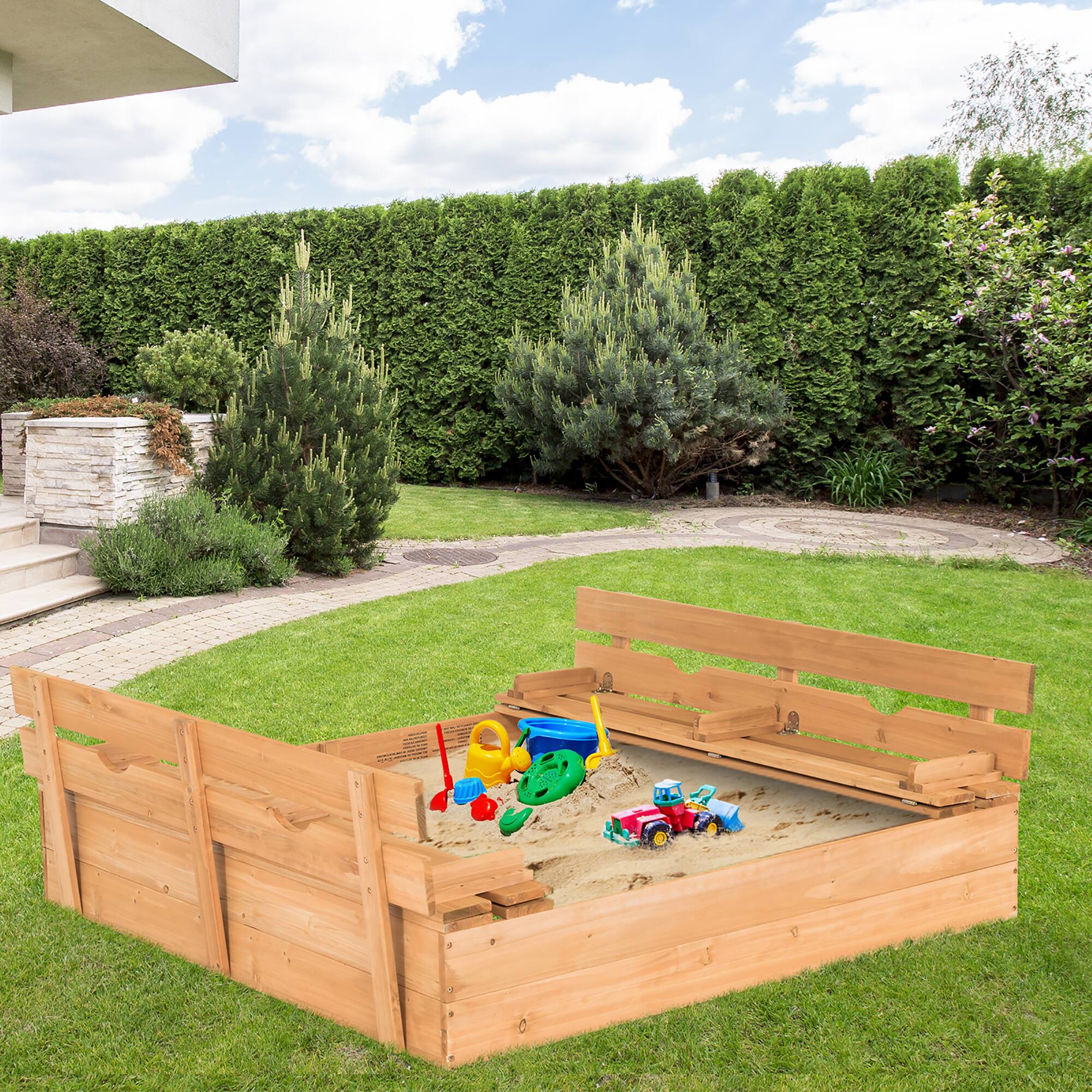Alt View 1. Costway - Costway Kids Large Wooden Sandbox w/Cover 2 Convertible Bench Seats for Outdoor Play - Nature.