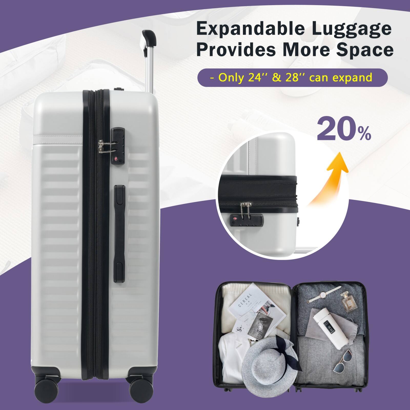 Expandable Luggage Provides More Space  
- Only 24" & 28" can expand  
20%