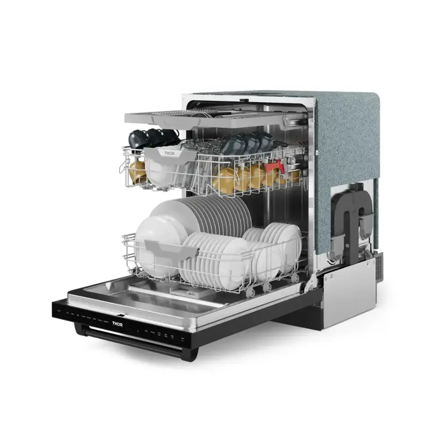 Thor is a company that manufactures and sells various appliances, including dishwashers. In the image, there is a Thor dishwasher with a clear door, which allows the user to see the dishes inside. The dishwasher is filled with dishes, including cups and bowls, and is ready for a cycle. The dishwasher is designed to efficiently clean and sanitize the dishes, making it a convenient and eco-friendly option for households.