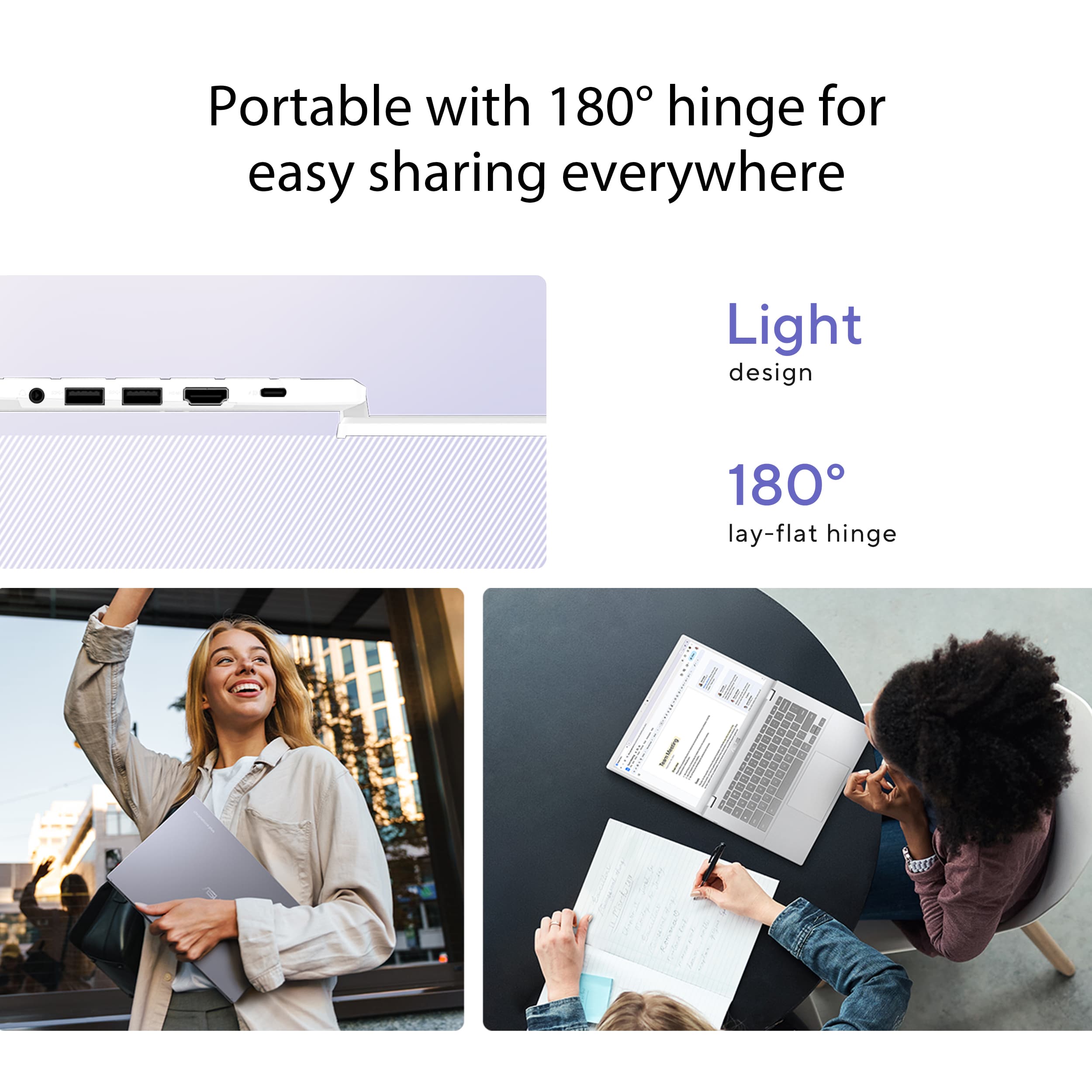 Portable with 180 hinge for easy sharing everywhere Light design 180 lay-flat hinge 1.8 kg