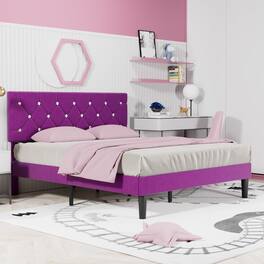 Vecelo - Full Bed Frame with Upholstered Headboard, Heavy Duty Wooden Bed Slats - Noiseless Platform Bed, No Box Spring Required - Purple