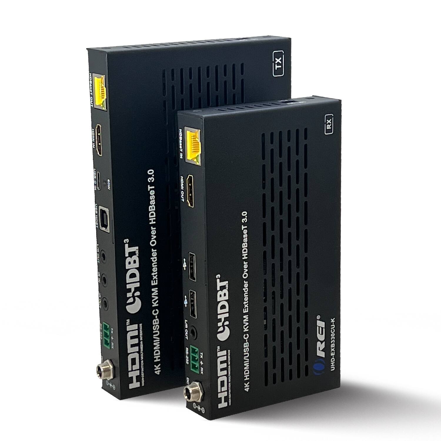 TX GUT JAARA FEDAIIN HODASST MY 3.0 GOWV MGH OUT HDBaseT 3.0 Over HDBaseT LIE CHDBT Extender Over KVM CHDBT Extender TM L KVM IPIE E HDMI/USB-C OUT: HOMI I I KA HDMI/USB-C 4K E 6 M 04 - 8 HDMI 4K 040 RX RCI UHD-EXB330CU-K

Corrected text:
TX GUT JAARA FEDAIIN HODASST MY 3.0 GOWV MGH OUT HDBaseT 3.0 Over HDBaseT LIE CHDBT Extender Over KVM CHDBT Extender TM L KVM IPIE E HDMI/USB-C OUT: HOMI I I KA HDMI/USB-C 4K E 6 M 04 - 8 HDMI 4K 040 RX RCI UHD-EXB330CU-K

The image shows two devices labeled as "4K HDMI/USB-C KVM Extender Over HDBaseT 3.0" by H