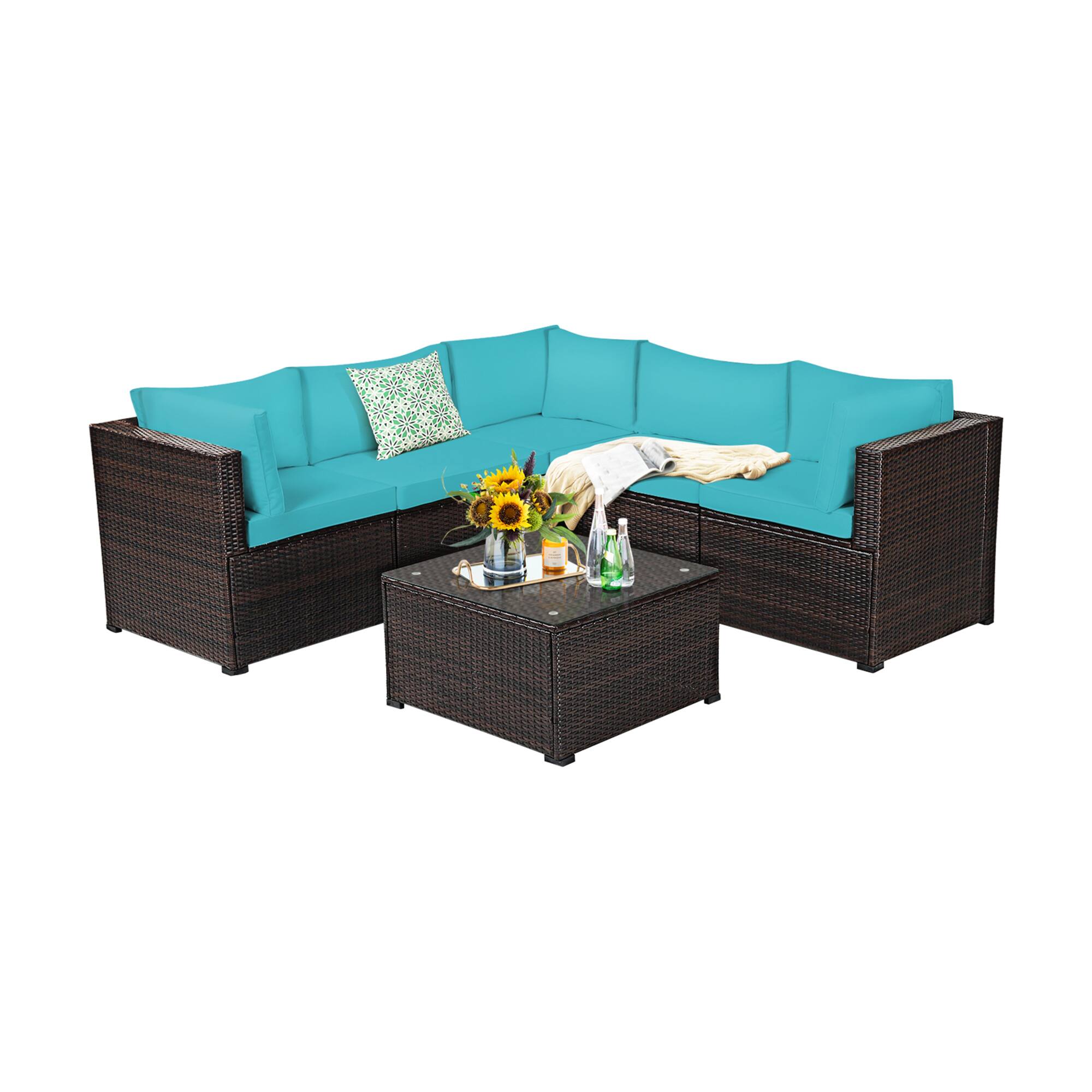 Alt View 1. Gymax - Gymax 6PCS Rattan Patio Sectional Sofa Conversation Set Outdoor w/ Turquoise Cushions - Turquoise.
