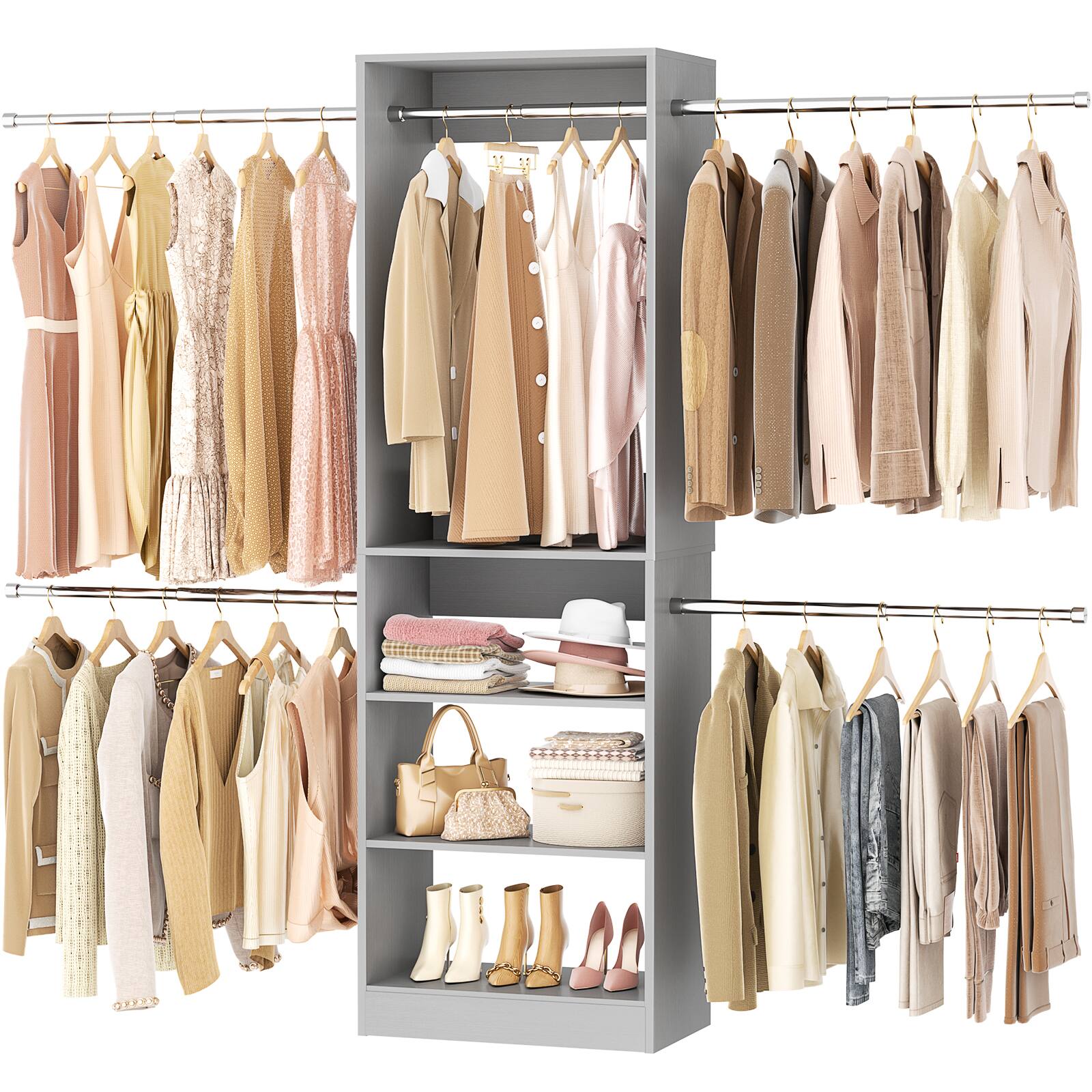 Angle. Aheaplus - 4.5-10ft Walk-In Closet Organizer: 5 Adjustable Rods & Shelving Tower, Wood Storage System - Gray.