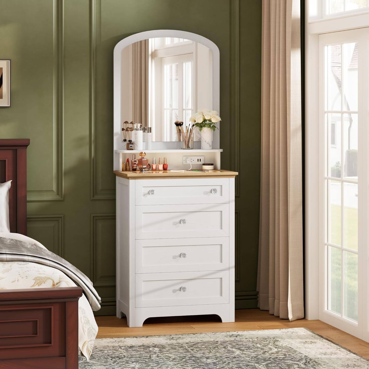 Alt View 4. GARVEE - White Dresser with Mirror, 4 Drawer Storage Cabinet with Crystal Knobs for Bedroom, Living Room, Entryway - White.