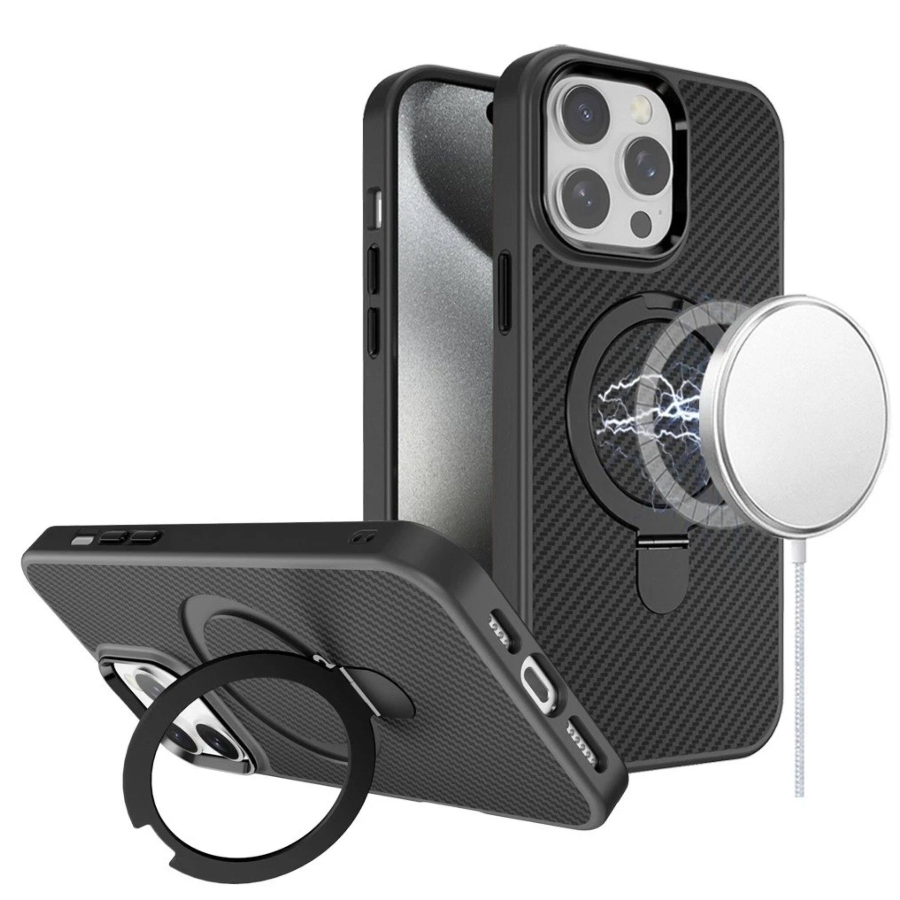 Front. Kitcheniva - Carbon Fiber Ring Stand Case With 2 Tempered Glass For iPhone 15 Pro Max - Black.