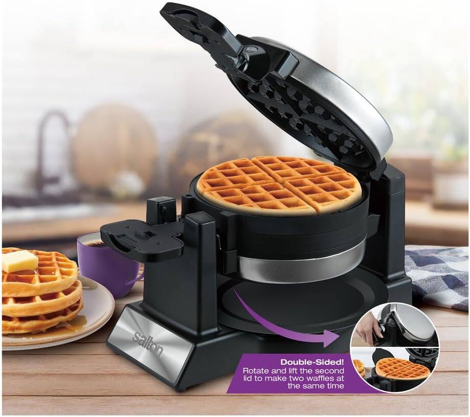 salton Double-Sided! Rotate and lift the second lid to make two waffles at the same time