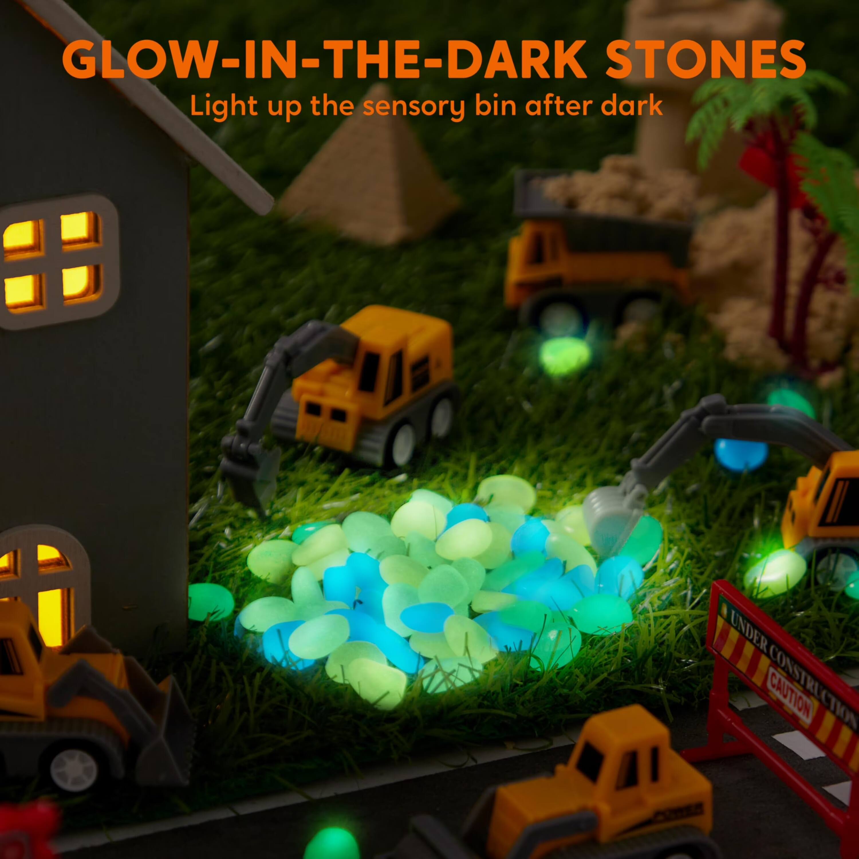 GLOW-IN-THE-DARK STONES  
Light up the sensory bin after dark  

UNDER CONSTRUCTION  
CAUTION