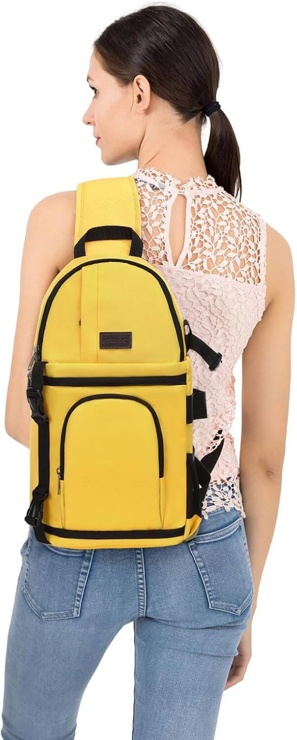 Alt View 2. mosiso - Camera Sling Bag Shockproof Photography Camera Backpack with Tripod Holder & Removable Modular Inserts - Yellow.