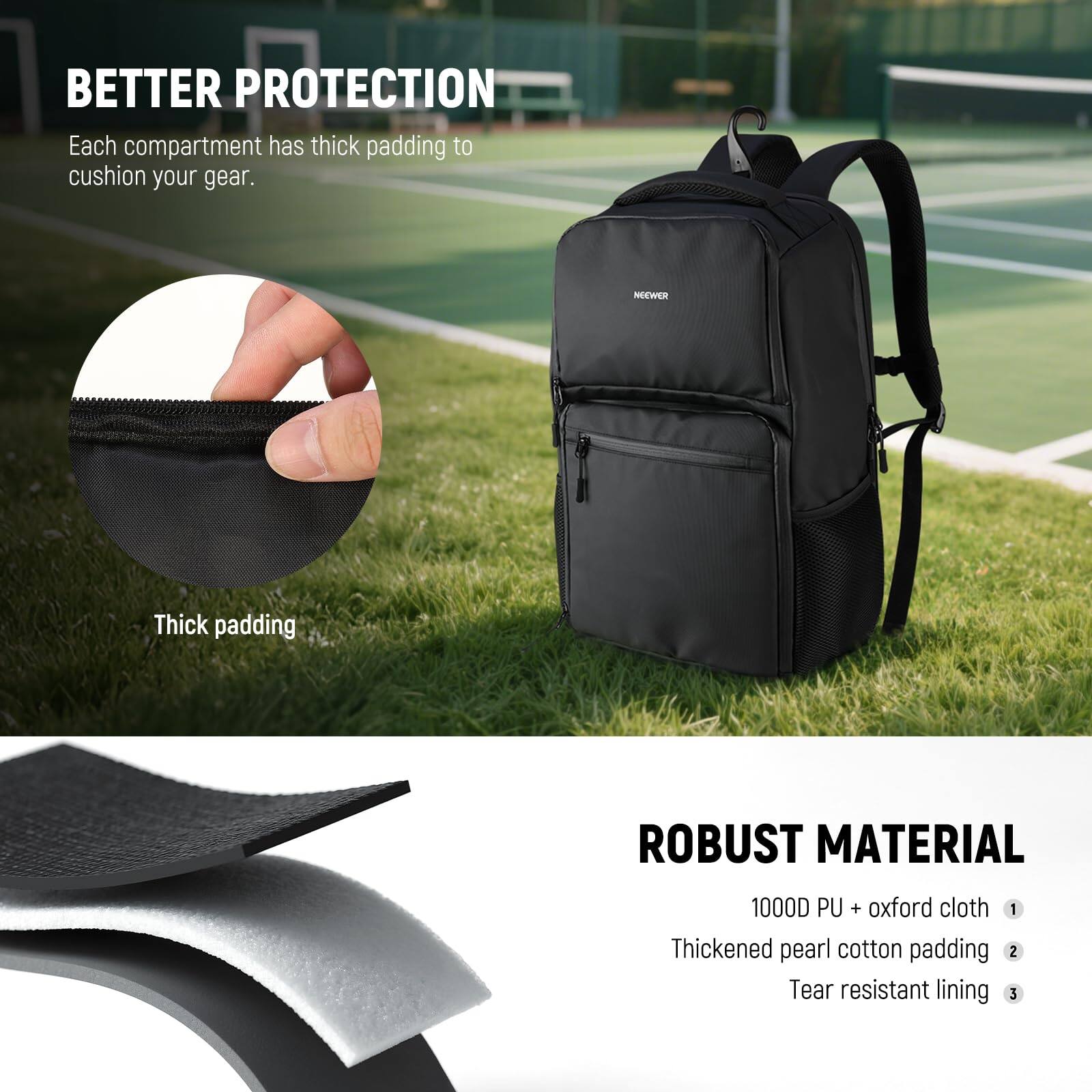 BETTER PROTECTION  
Each compartment has thick padding to cushion your gear.  

NEWER  
Thick padding  

ROBUST MATERIAL  
1000D PU + oxford cloth  
1 Thickened pearl cotton padding  
2 Tear resistant lining  
3