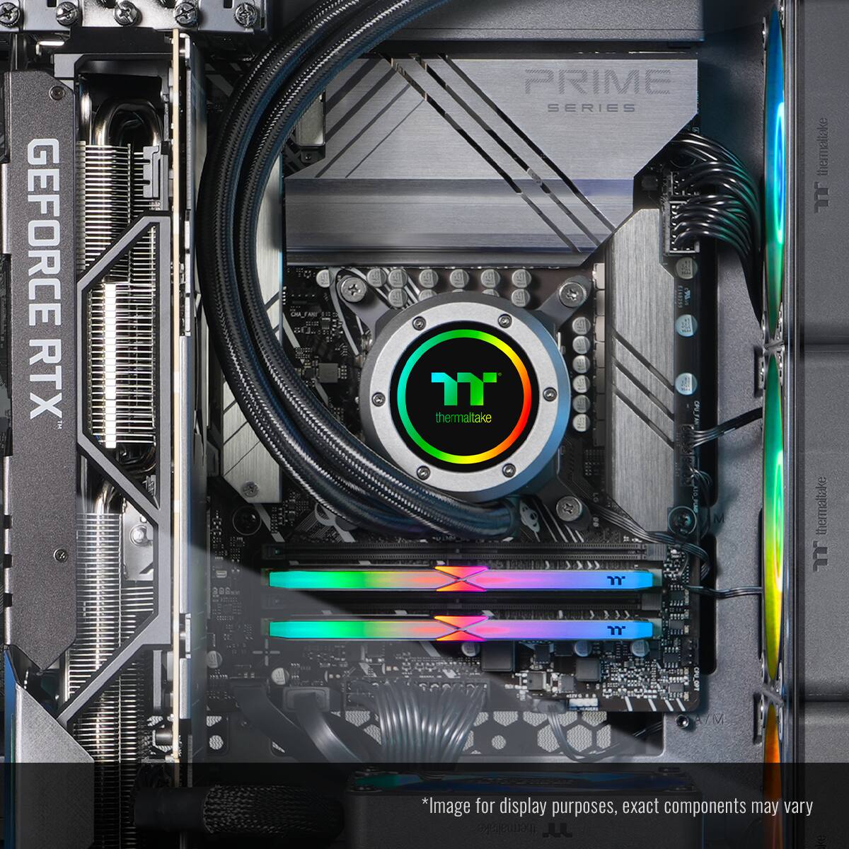 The image shows the inside of a computer, specifically the motherboard and components of a GeForce RTX Prime Series. The motherboard is surrounded by various cables, and there is a display for the thermaltake JUL thermaltake T. The image is for display purposes, and the exact components may vary.