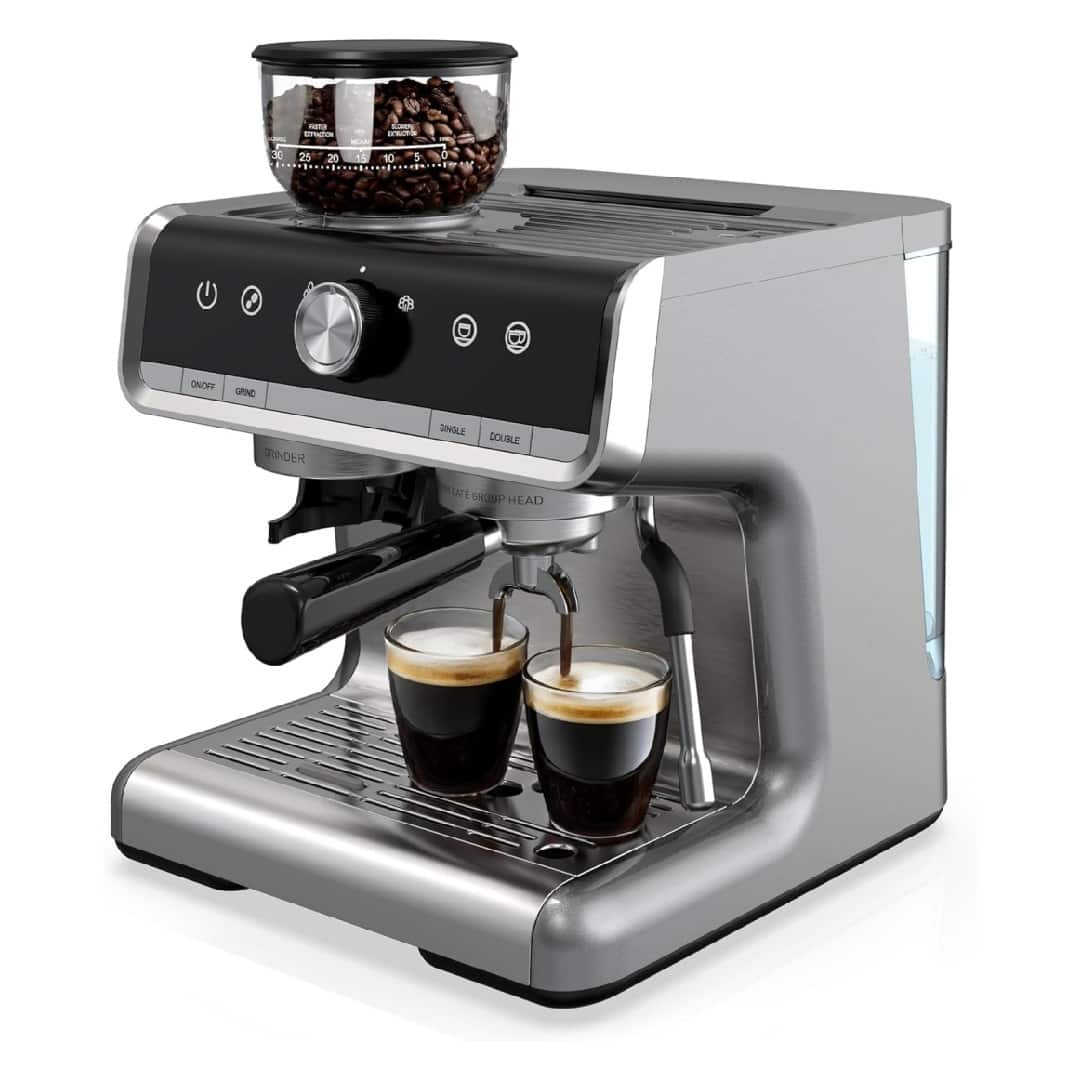 GARVEE - 12 Inch Espresso Machine, 20 Bar Professional Coffee Maker with Grinder for Home, Coffee Machine, Digital LCD - Silver