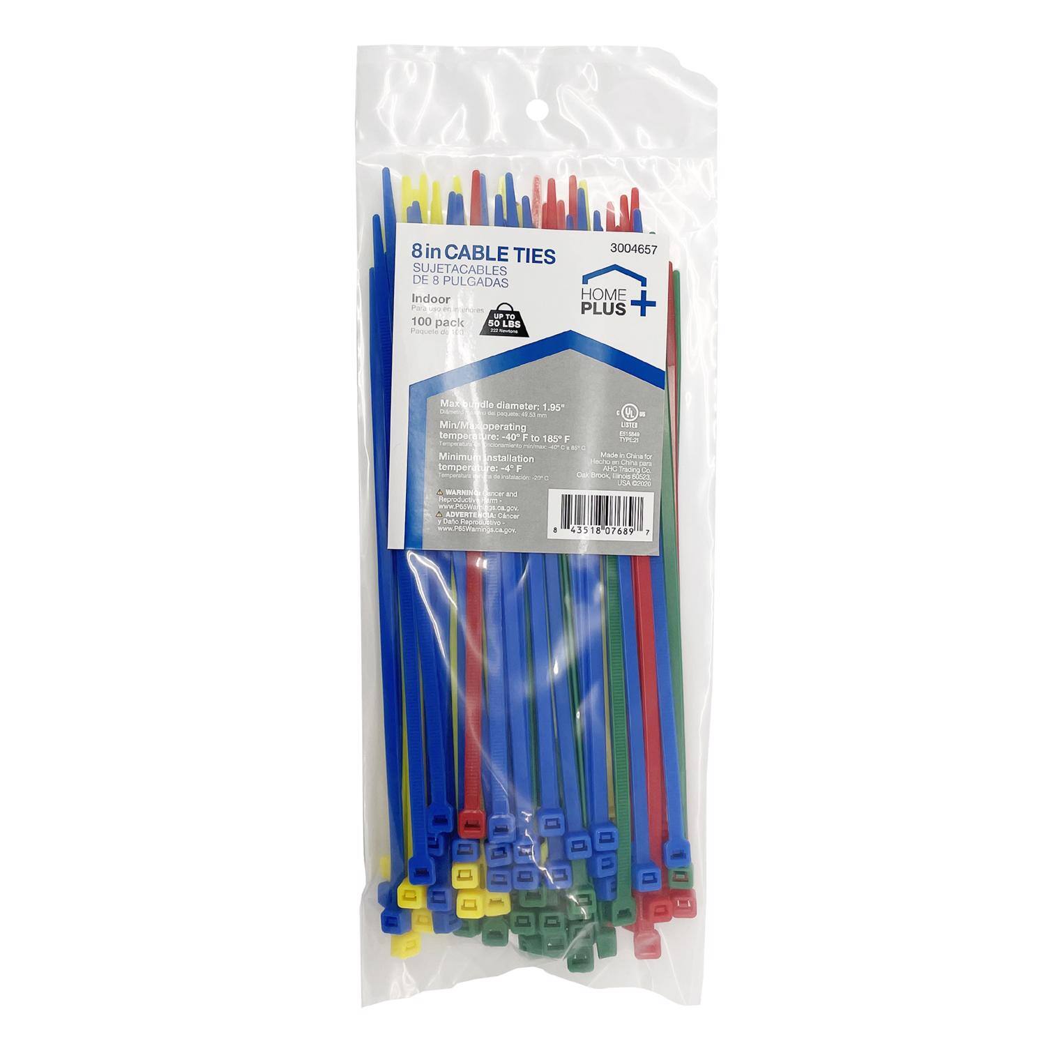 8 in CABLE TIES  
SUJETACABLES DE 8 PULGADAS  
Indoor HOME  
100 pack  
3004657  

Max bundle diameter: 1.95"  
Minimum operating temperature: -40°F  
Maximum operating temperature: 183°F  
Minimum installation temperature: -4°F  

Made in China  
www.PEHomePlus.com  

PLUS+  
HOME
