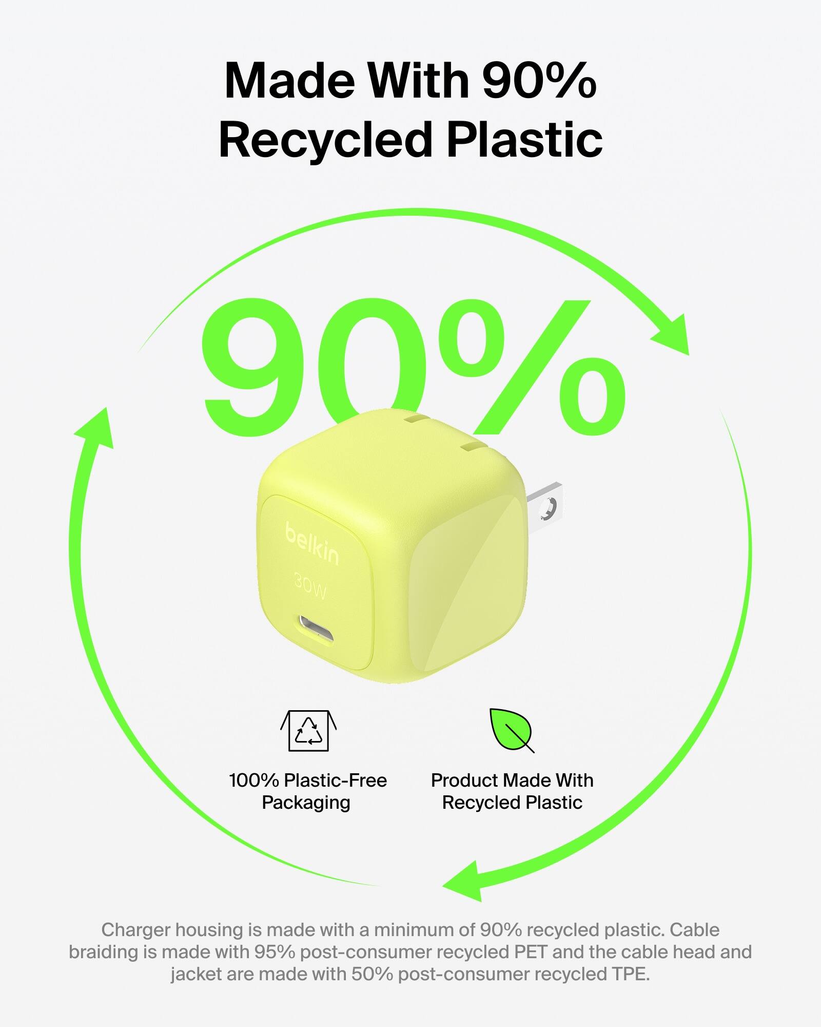 Made With 90% Recycled Plastic

90% belkin 30W

100% Plastic-Free Product Made With Packaging Recycled Plastic

Charger housing is made with a minimum of 90% recycled plastic. Cable braiding is made with 95% post-consumer recycled PET and the cable head and jacket are made with 50% post-consumer recycled TPE.