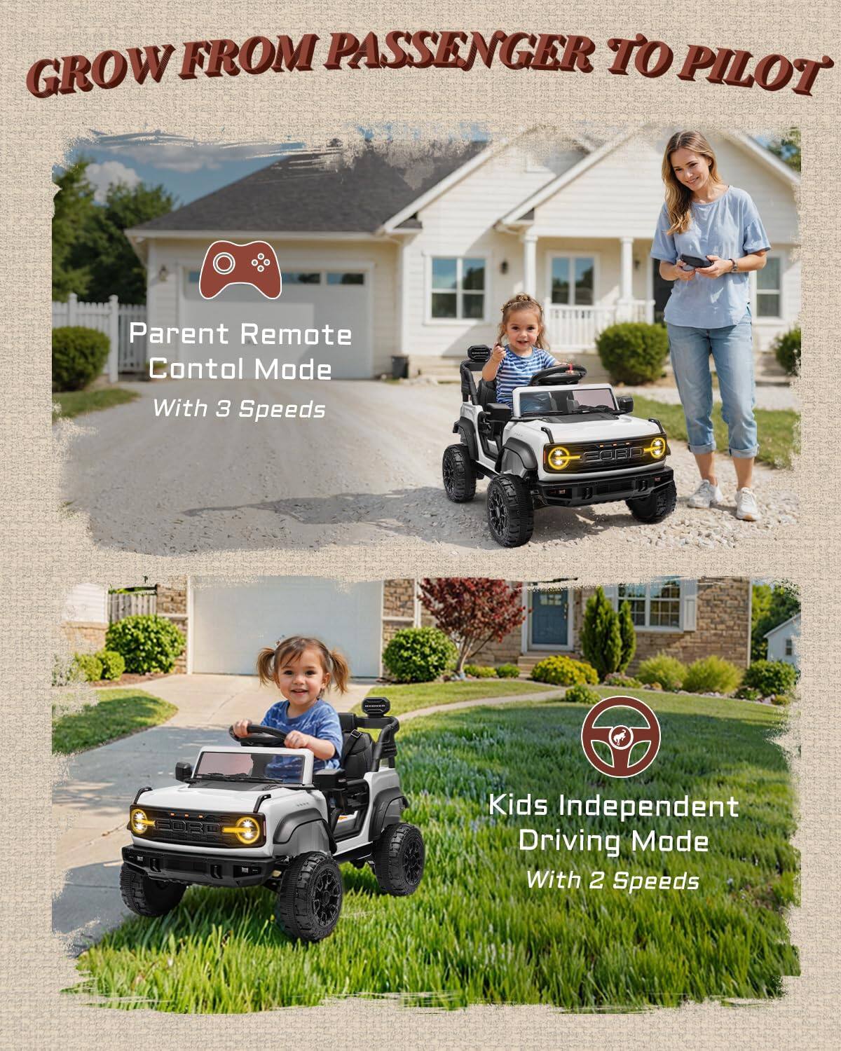 GROW FROM PASSENGER TO PILOT

Parent Remote Control Mode With 3 Speeds

Kids Independent Driving Mode With 2 Speeds