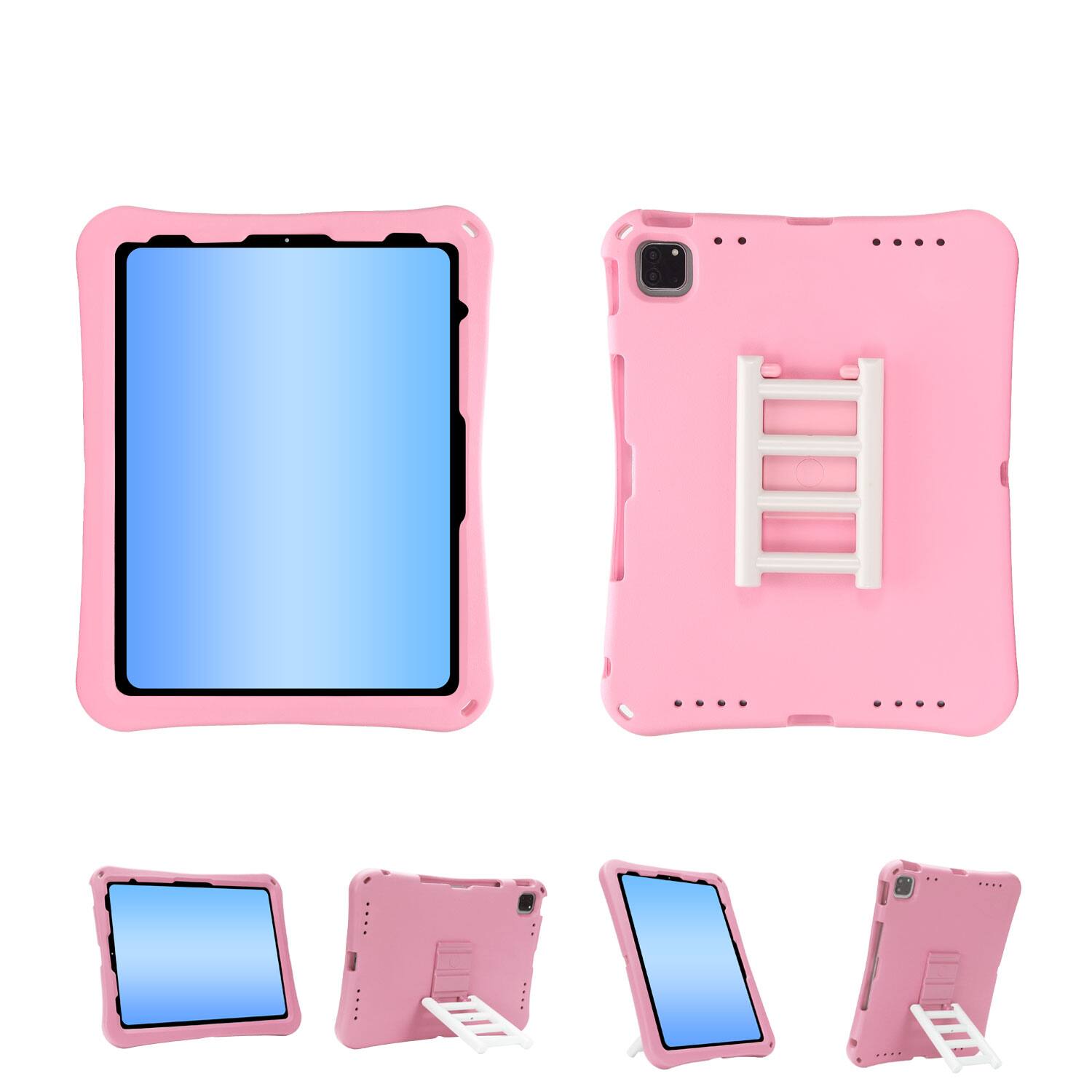 The image shows a pink phone case with a built-in stand.