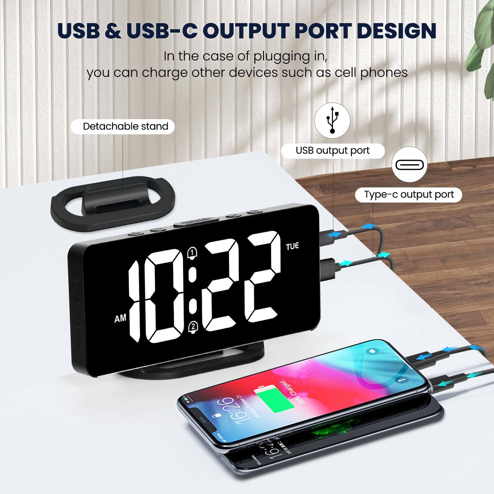 USB & USB-C OUTPUT PORT DESIGN  
In the case of plugging in, you can charge other devices such as cell phones  

- Detachable stand  
- USB output port  
- Type-c output port  

TUE 10:22 AM  
Charged 69%  

16:26 Mrzie 3  
16:2 KE ngt