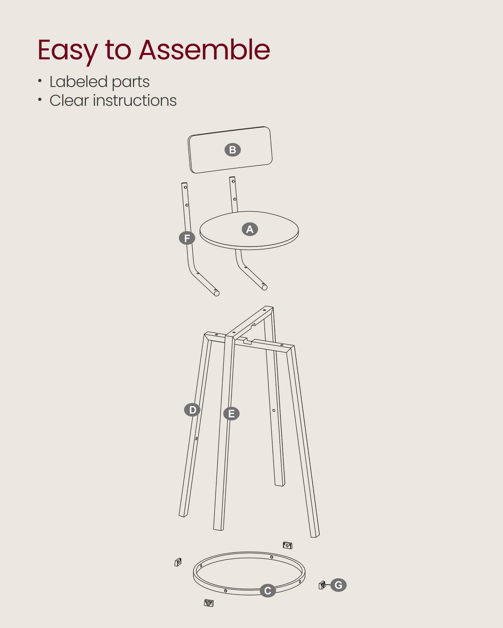 Easy to Assemble  
- Labeled parts  
- Clear instructions  

A  
B  
C  
D  
E  
F  
G