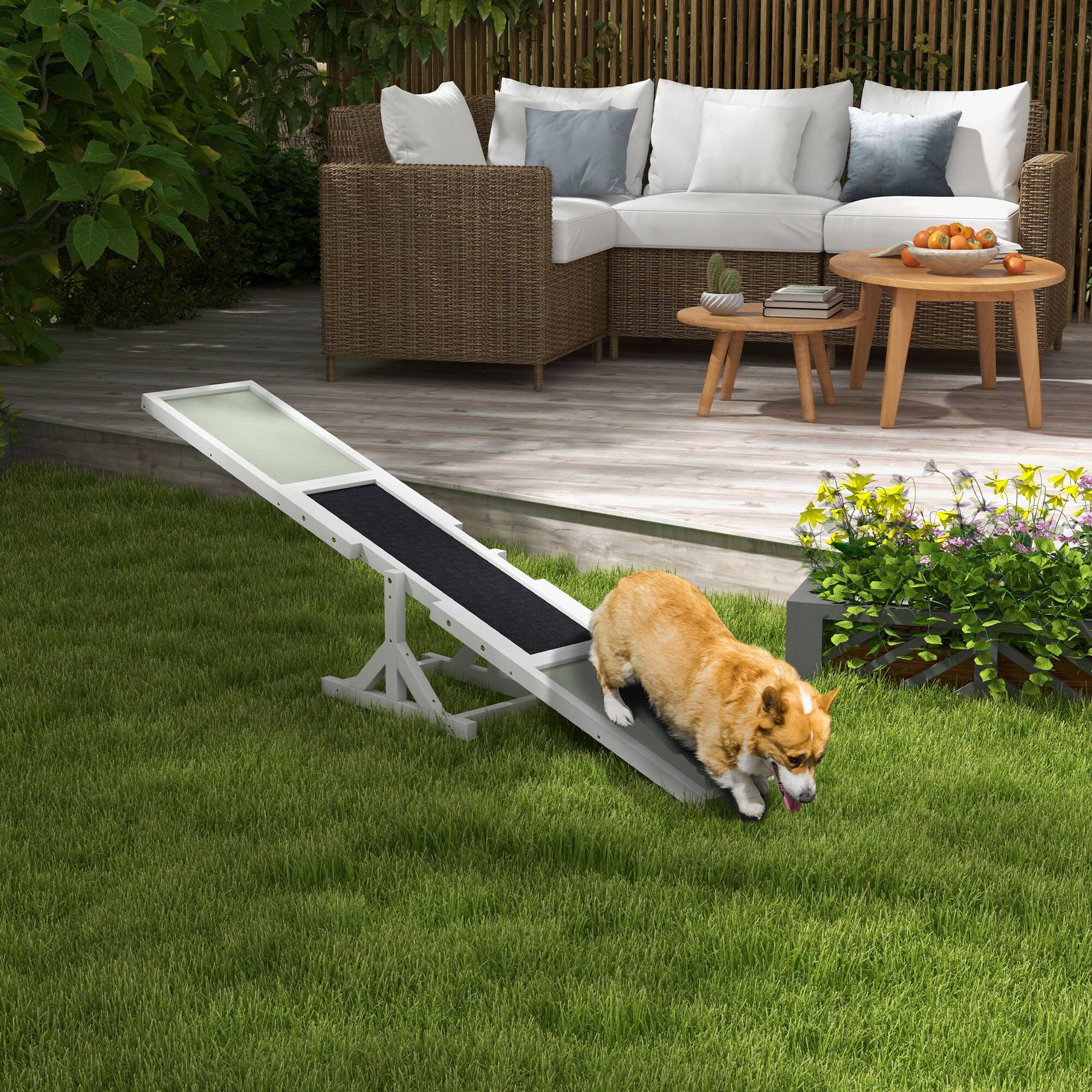 Angle. Pawhut - Wooden Dog Agility Seesaw, Training Exercise, Platform Equipment, Weather Resistant, 71" L x 12" W x 12" H - White.