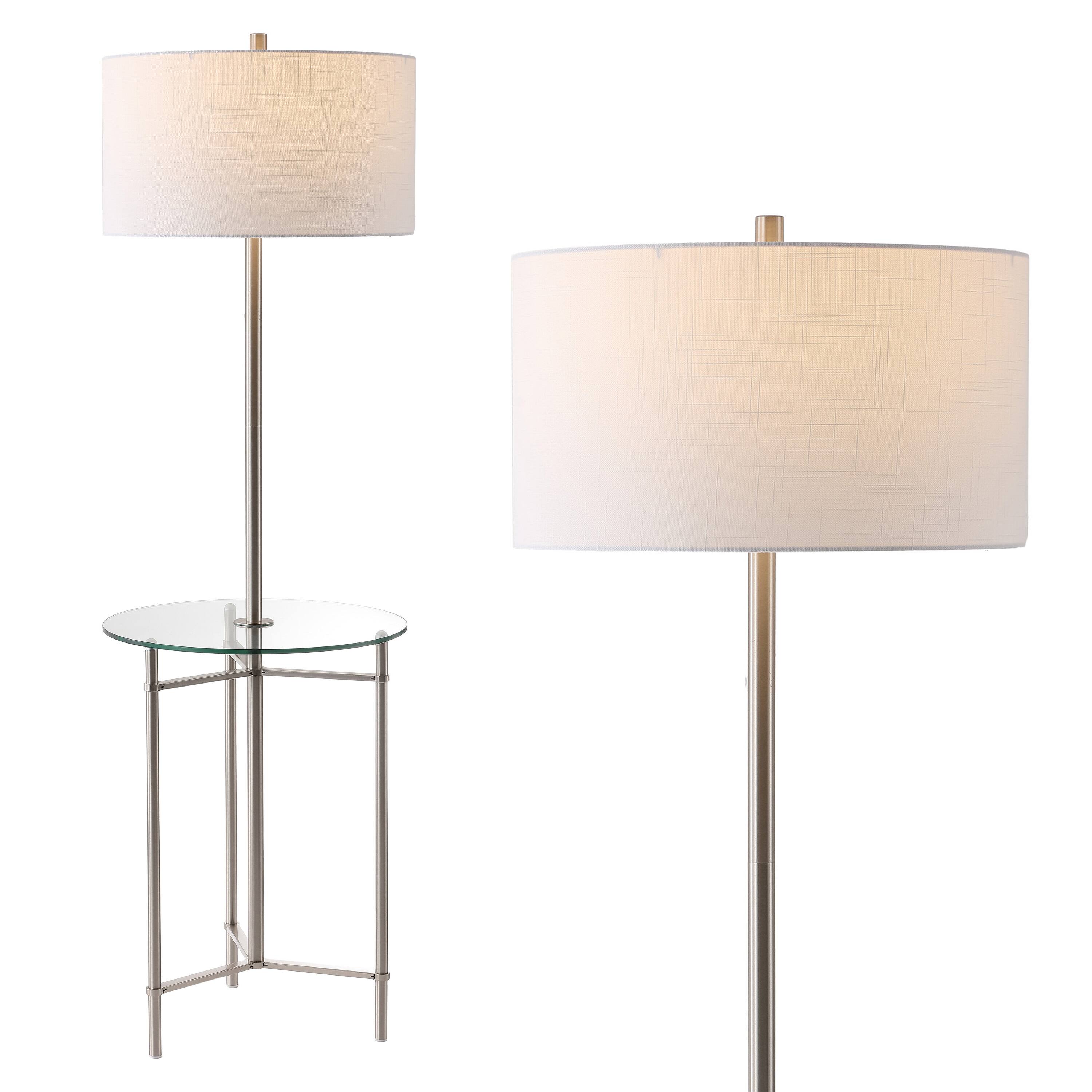 Jonathan Y - Chuck 59" Modern Minimalist Metal and Tempered Glass LED 2-in-1 Space-Saving Tray Table and Floor Lamp - Brushed Nickel