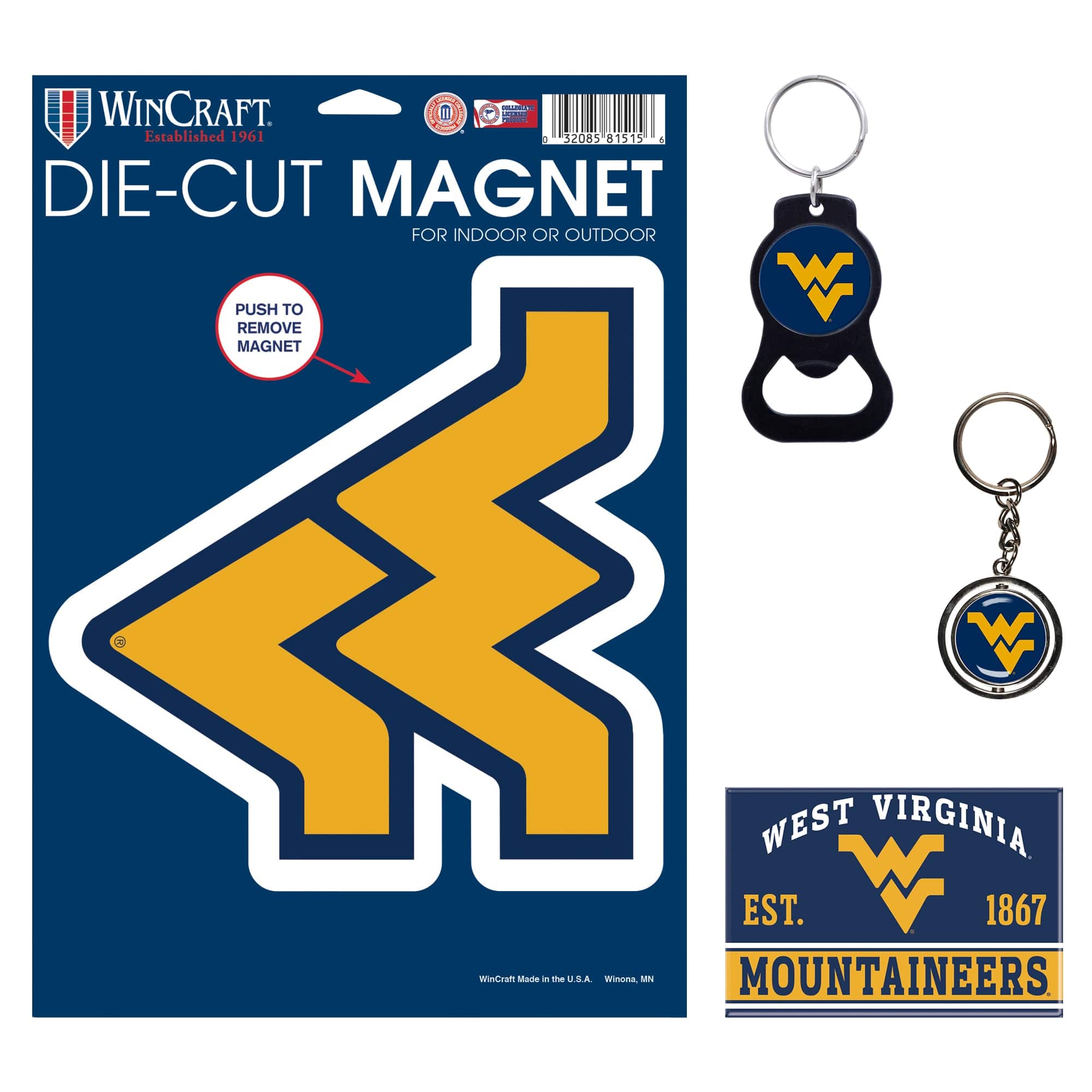 WINCRAFT  
Established 1961  

DIE-CUT MAGNET  
FOR INDOOR OR OUTDOOR  

PUSH TO REMOVE MAGNET  

WEST VIRGINIA  
EST. 1867  
MOUNTAINEERS  

WinCraft Made in the U.S.A.  
Winona, MN