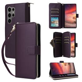 Dteck - Crossbody Wallet Case for Samsung Galaxy S25 Ultra, Shockproof Zipper Pocket PU Leather Folio Cover with 9 Card Slots - Darkpurple
