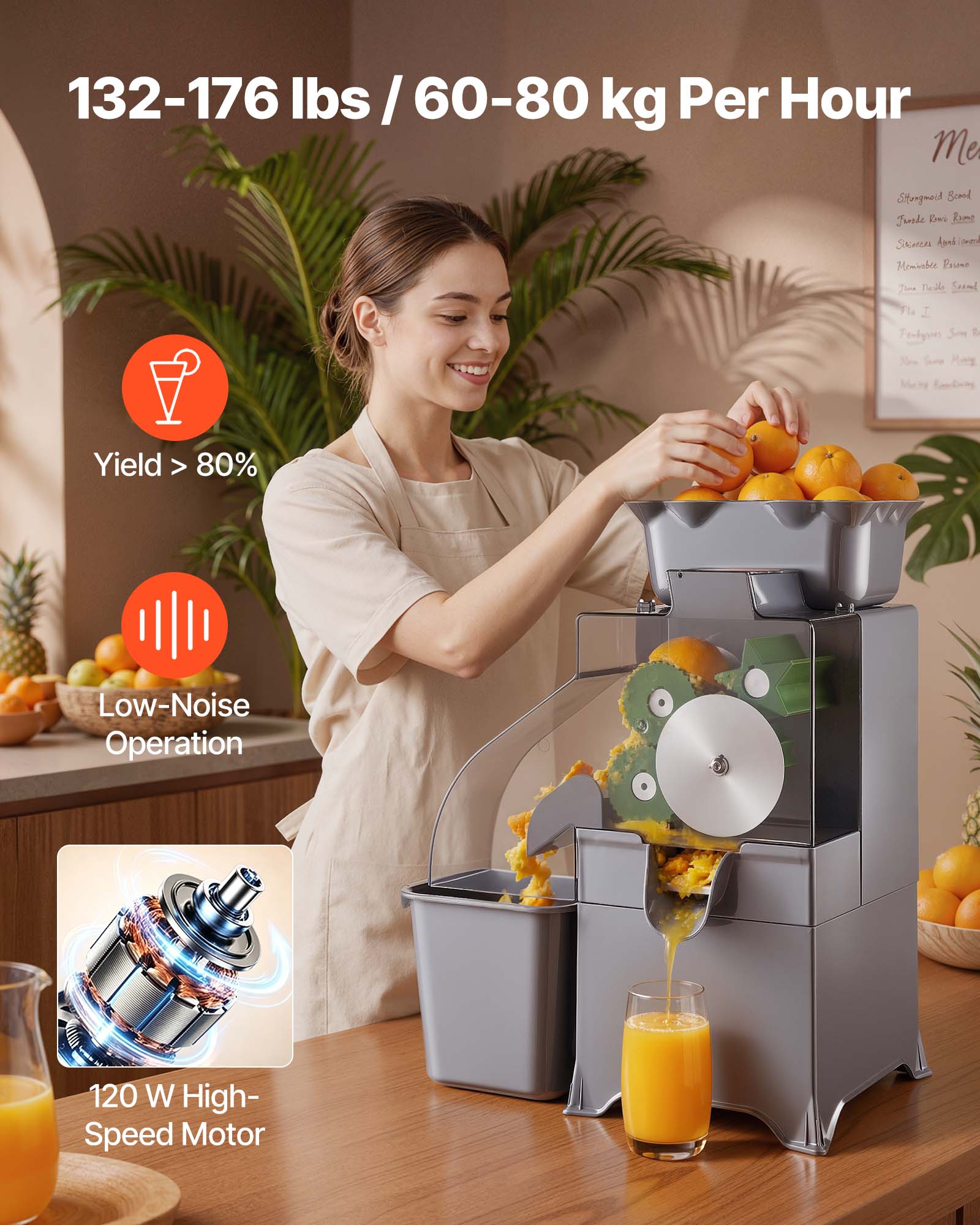 132-176 lbs / 60-80 kg Per Hour  
Yield > 80%  
Low-Noise Operation  
120 W High-Speed Motor