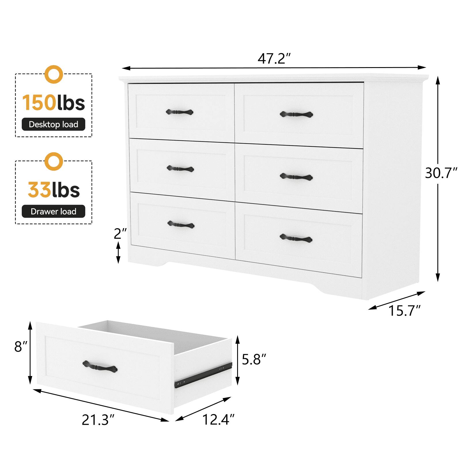 47.2"  
150lbs Desktop load  
33lbs Drawer load  
30.7"  
2"  
15.7"  
8"  
5.8"  
21.3"  
12.4"