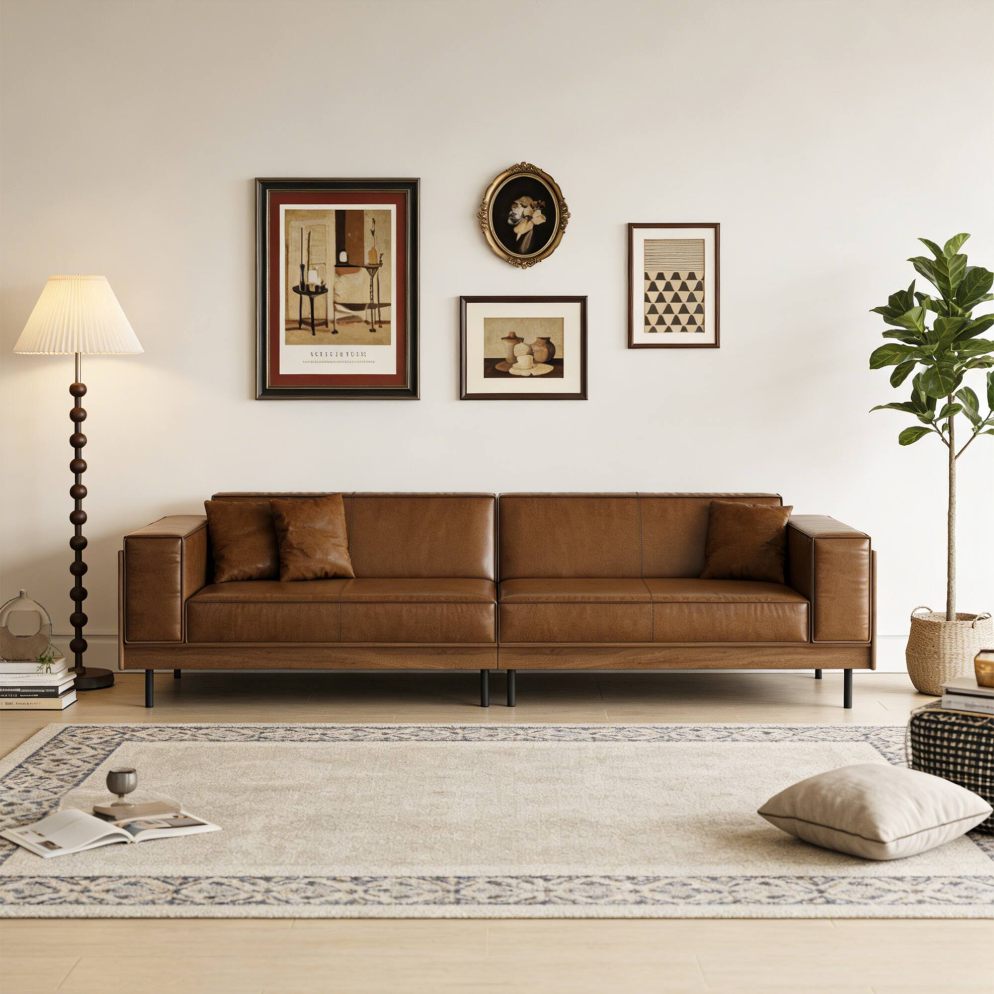 Alt View 5. luck idea - Mid-century Modern Leather Sofa With Wooden Accents, 4-seater Living Room Couch With 3 Throw Pillows - Brown.