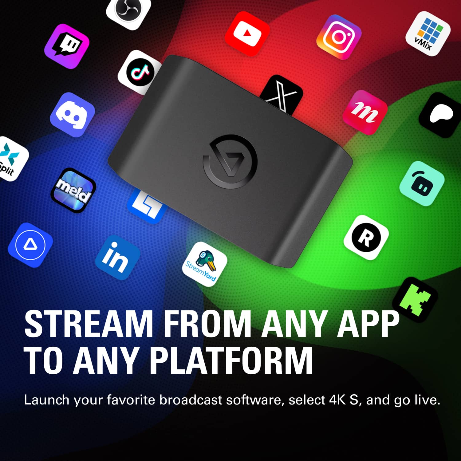 STREAM FROM ANY APP TO ANY PLATFORM
Launch your favorite broadcast software, select 4K S, and go live.