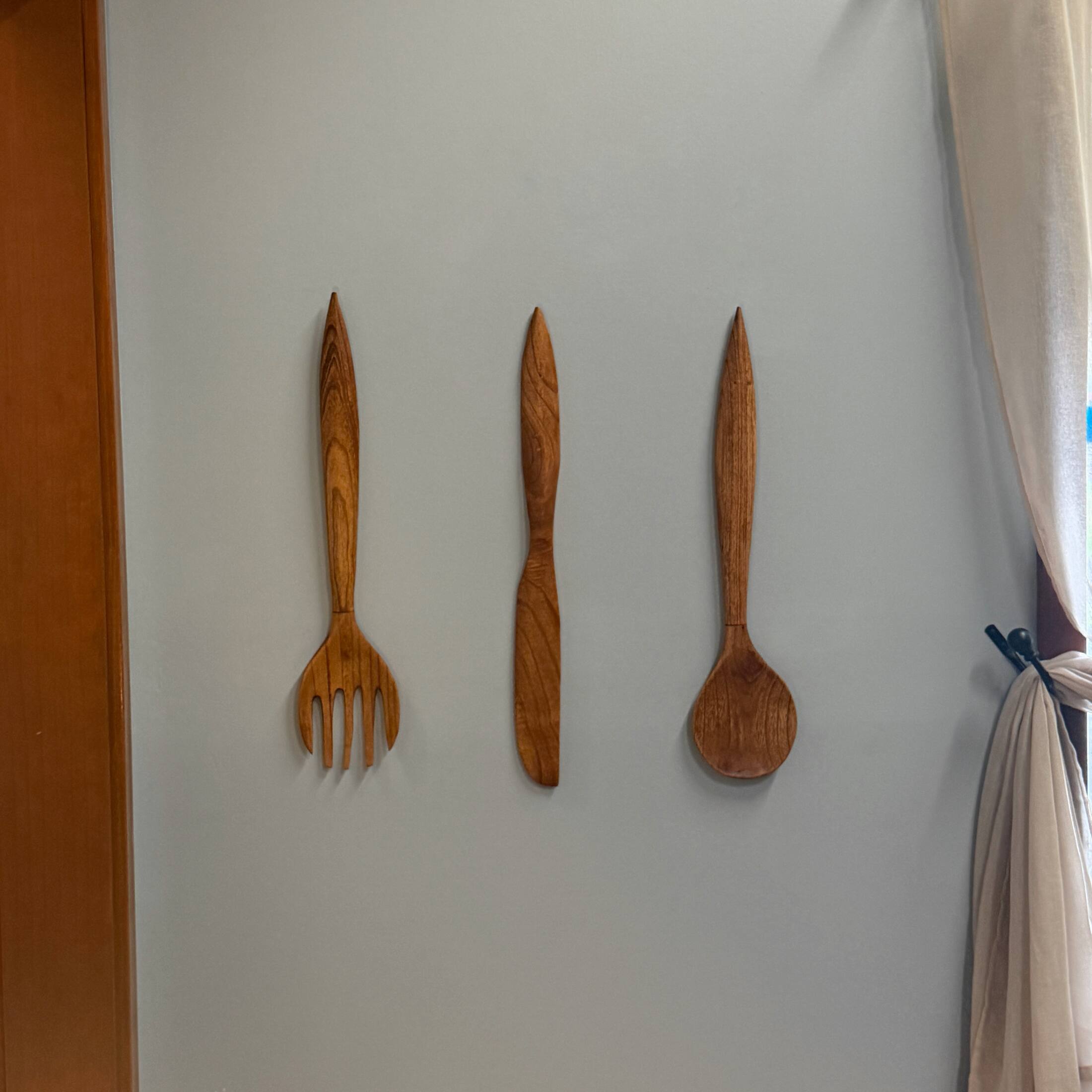 Alt View 6. Zeckos - Oversized Wooden Cutlery Wall Art Set Spoon Fork Knife 24 Inch Kitchen Decor - Natural.