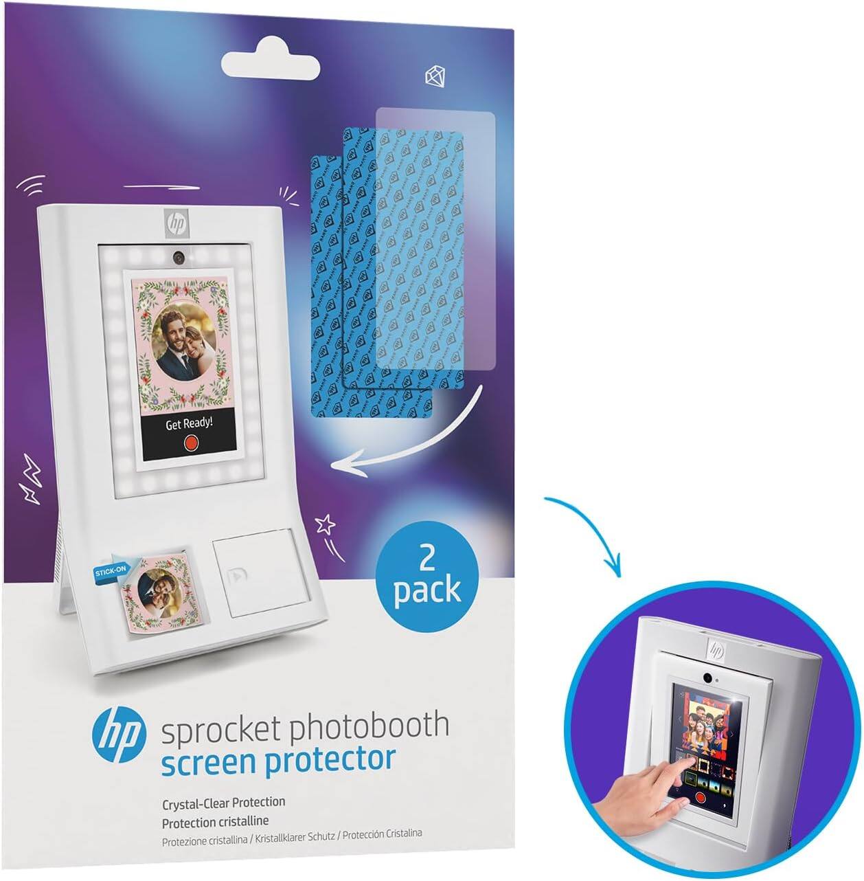 hp WW STICK-ON Get Ready! 2 pack hp sprocket photobooth screen protector Crystal-Clear Protection Protezione cristallina Kristallklare Schutz Proteccin Cristalina