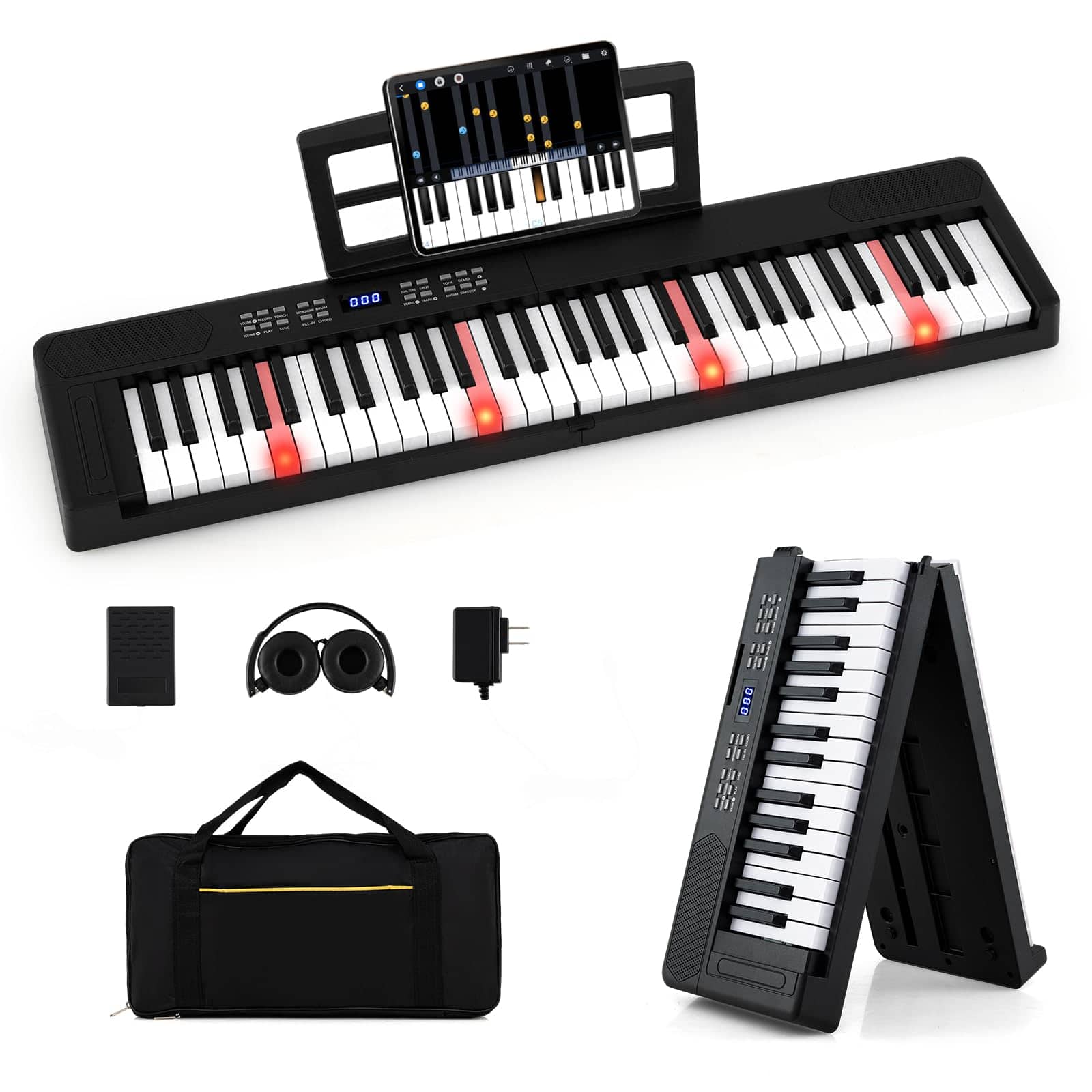 Ecooso - 61-Key Foldable Keyboard Piano, Full-Size Electronic Keyboard with MIDI and Split Mode