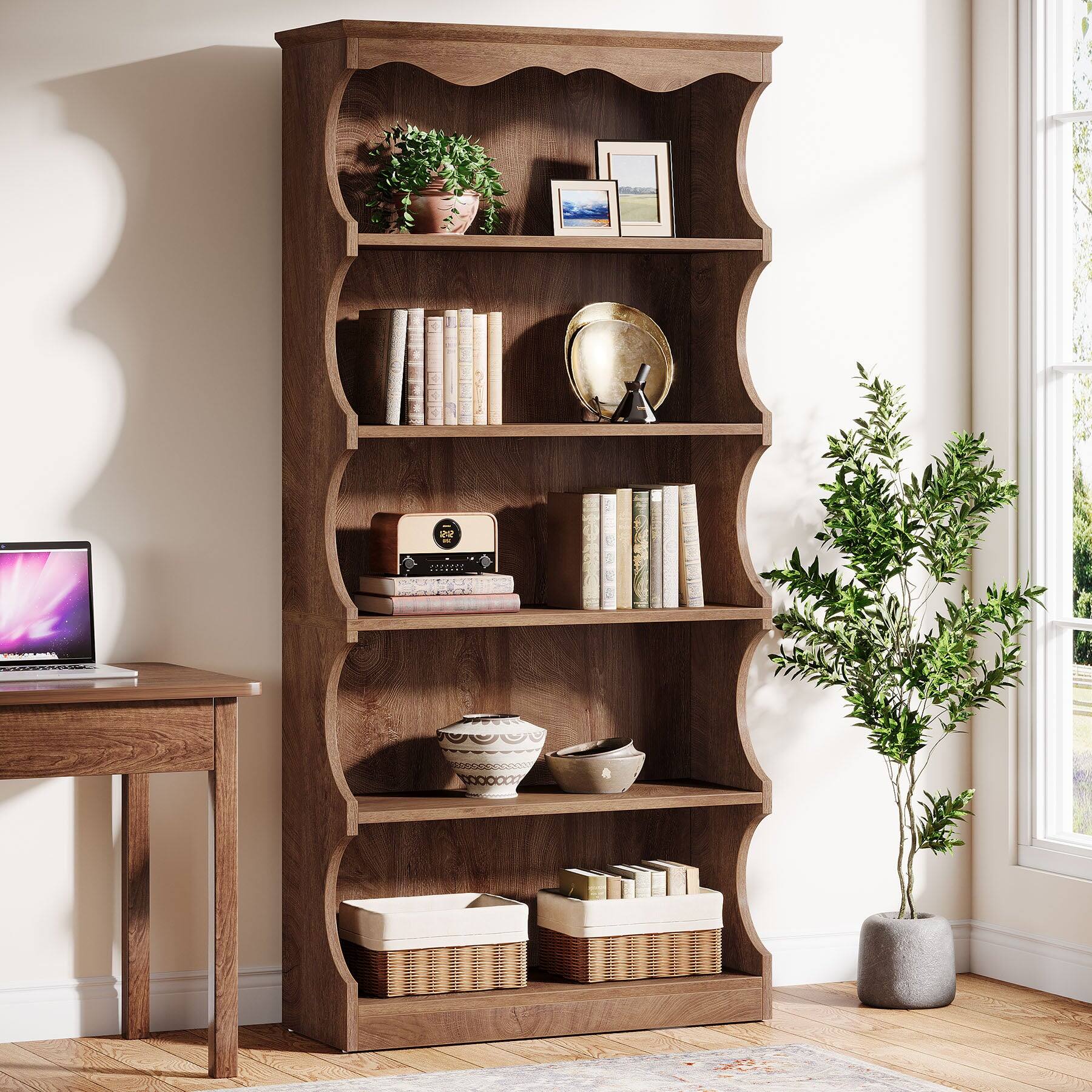 Angle. Tribesigns - Bookshelf with Storage Shelves, Freestanding Design and Book and Decor Display for Living Room and Study - Brown.