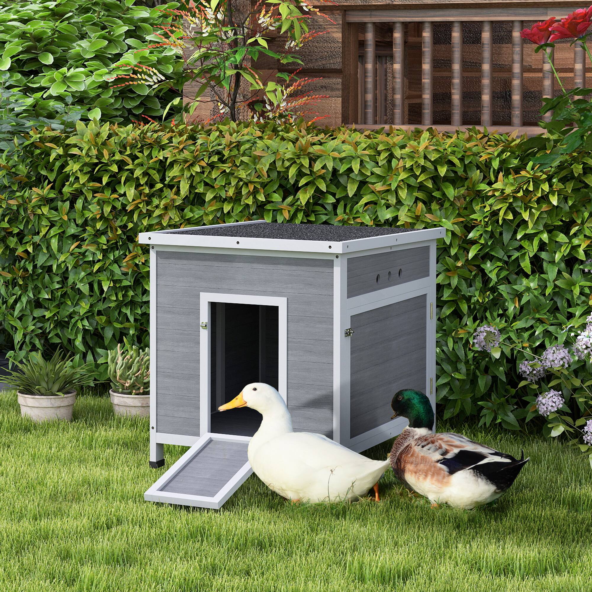 Alt View 1. Pawhut - Duck Coop with Openable Roof, Removable Floor, Double Doors, Ramp, for 2-4 Ducks, Chickens - Light Gray.
