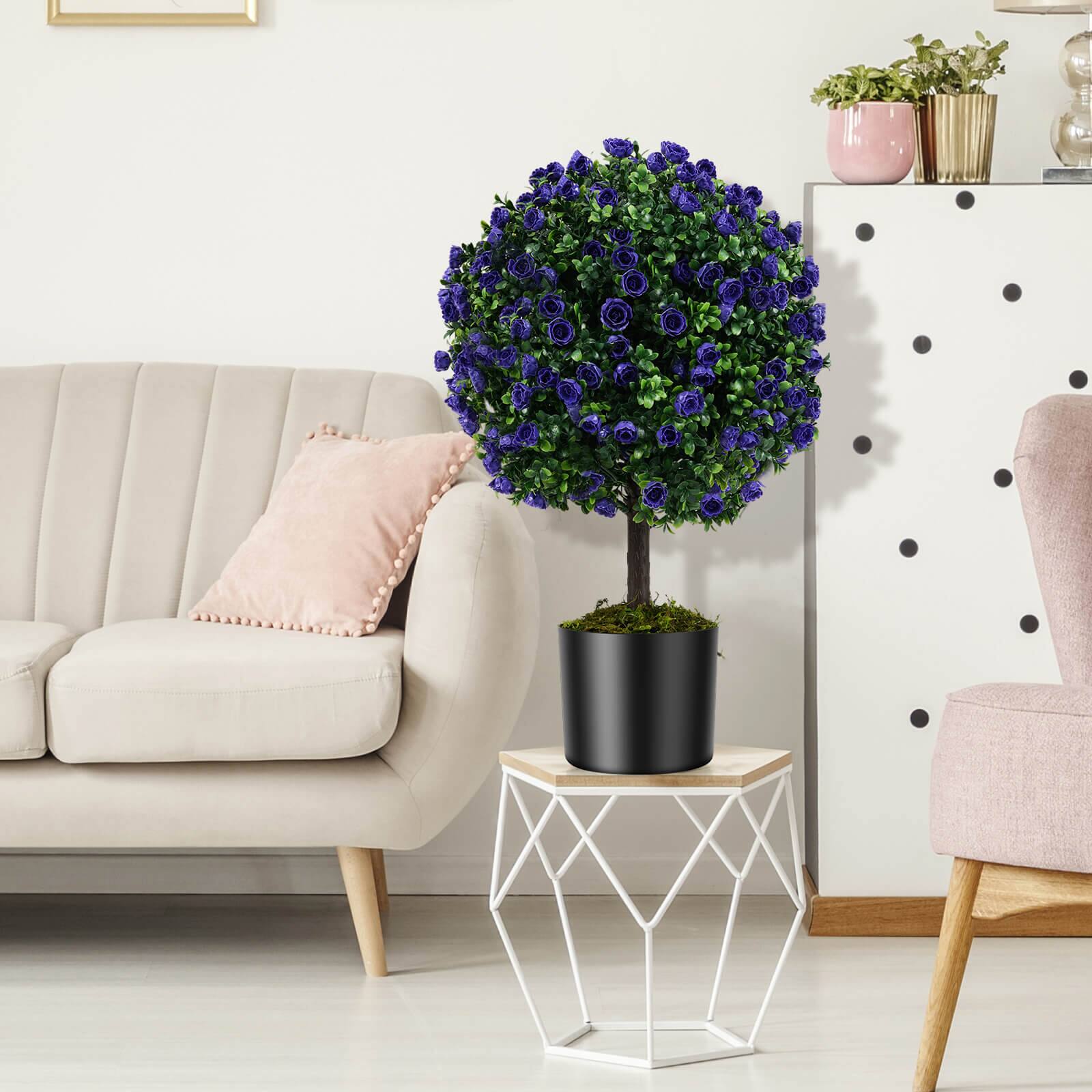 Alt View 1. Costway - Costway Set of 2 Artificial Purple Rose Topiary Ball Trees 22" Faux Boxwood Ball Tree - Green,Purple.