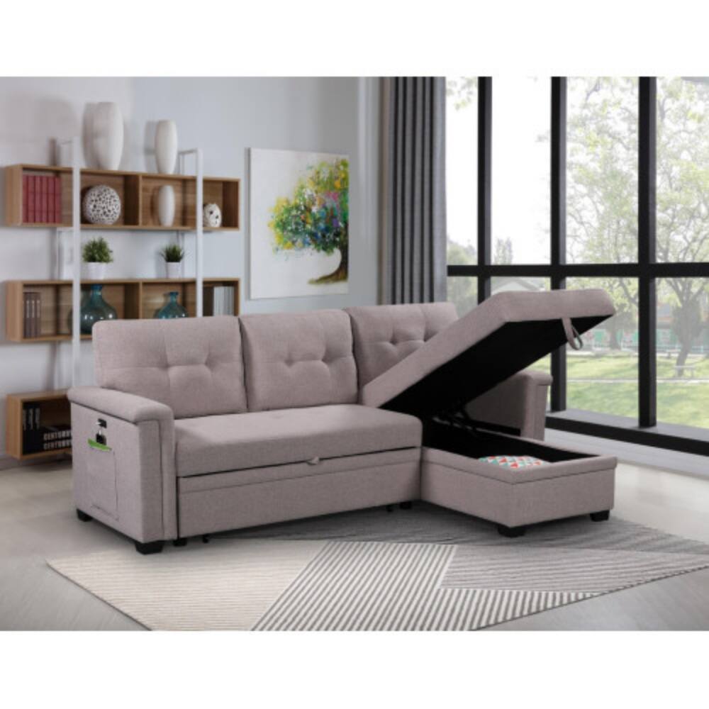 Left. LUCKY ONE - 84" Light Gray Reversible Sleeper Sectional Sofa with Storage Chaise, USB Charging Ports, Side Pocket, Pull-Out Bed - Light Gray.