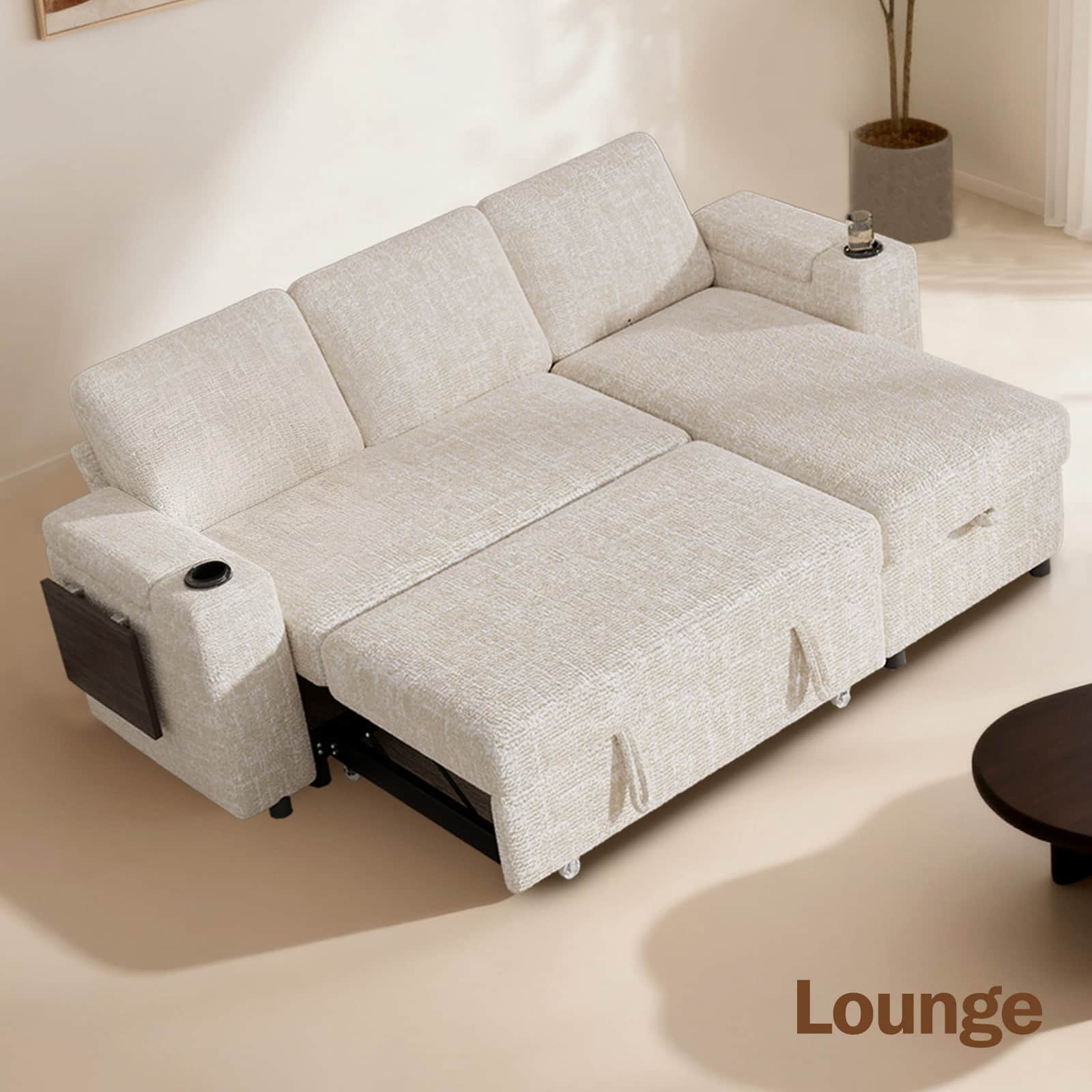 Front. Dyonery - Dyonery 85 "Modular sofa, adjustable backrest, with storage, tool-free assembly, Chenille Beige - Beige.