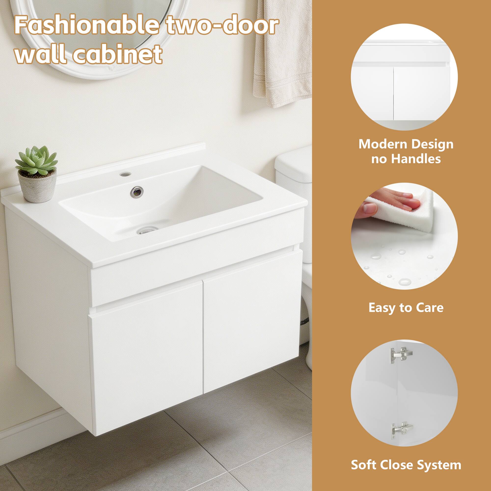 Fashionable two-door wall cabinet

Modern Design no Handles

Easy to Care

Soft Close System