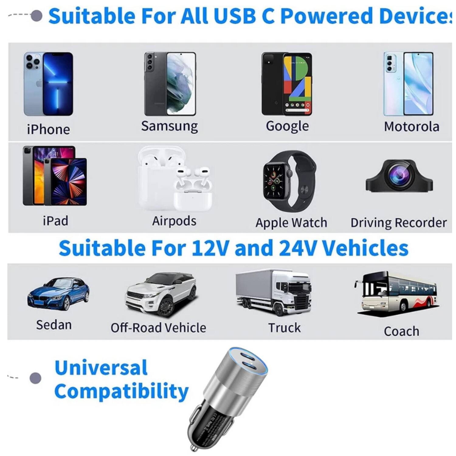 Suitable For All USB C Powered Device:
- iPhone
- Samsung
- Google
- Motorola
- iPad
- Airpods
- Apple Watch
- Driving Recorder

Suitable For 12V and 24V Vehicles:
- Sedan
- Off-Road Vehicle
- Truck
- Coach

Universal Compatibility