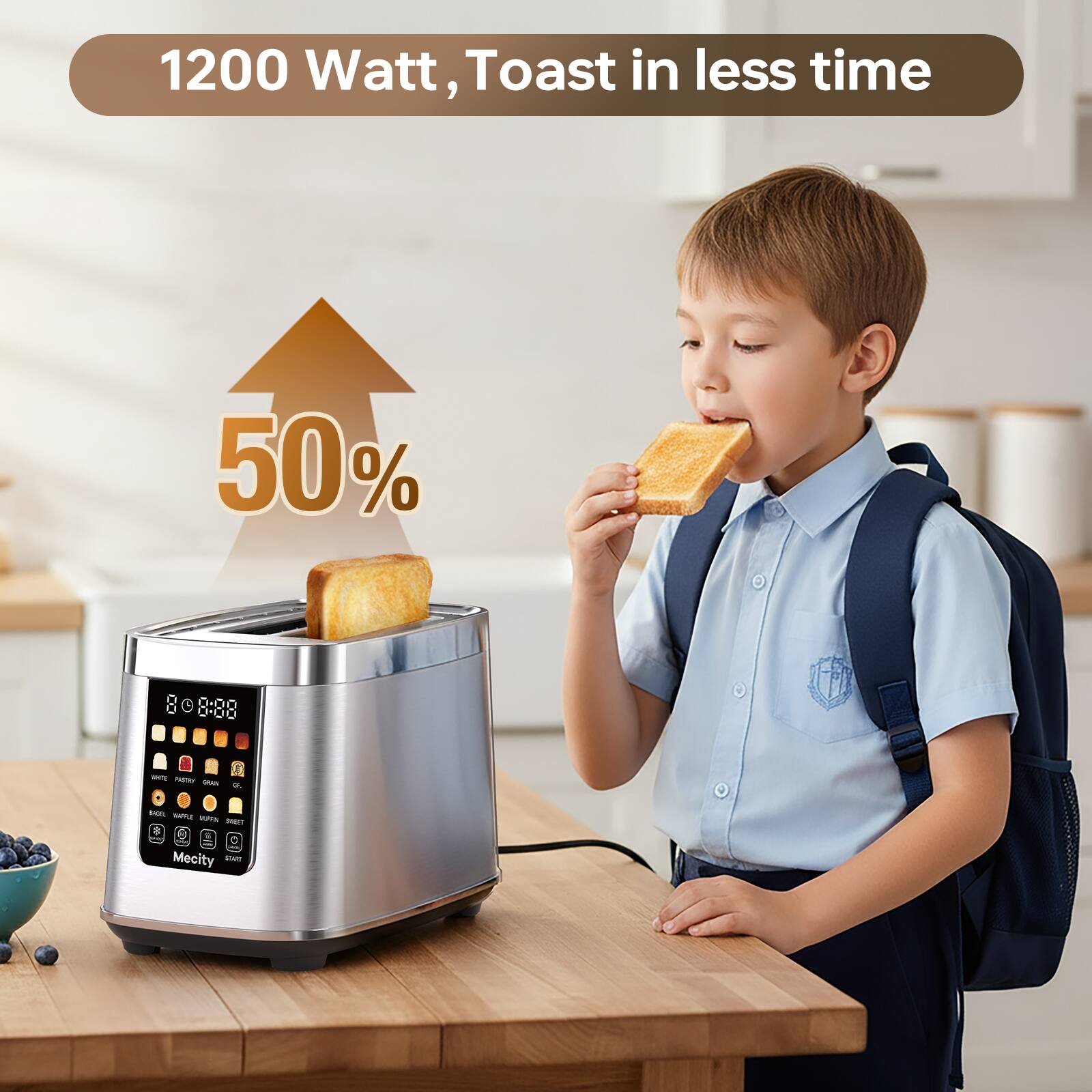 1200 Watt, Toast in less time

50%

8:88

WATER 1000

OIL

BAGEL WR with SWEET

Mecity