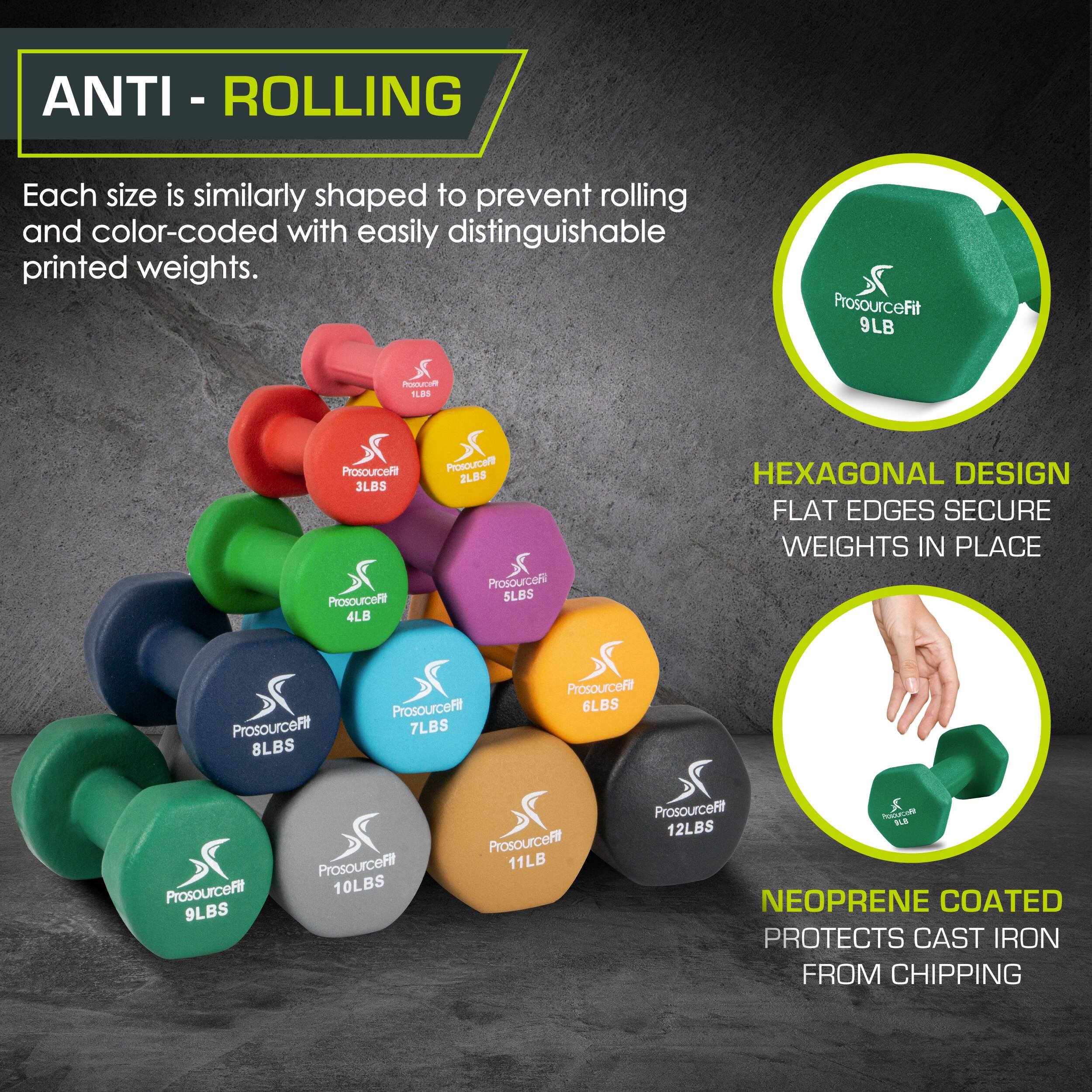 ANTI - ROLLING Each size is similarly shaped to prevent rolling and color-coded with easily distinguishable printed weights.  ProsourceFit 9LBS  ProsourceFit 2LBS  ProsourceFit 3LBS  ProsourceFit 4LB  ProsourceFit 6LBS  ProsourceFit 7LBS  ProsourceFit 8LBS  HEXAGONAL DESIGN FLAT EDGES SECURE WEIGHTS IN PLACE ProsourceFit 9LBS  ProsourceFit 10LBS  ProsourceFit 11LBS  ProsourceFit 12LBS  NEOPRENE COATED PROTECTS CAST IRON FROM CHIPPING