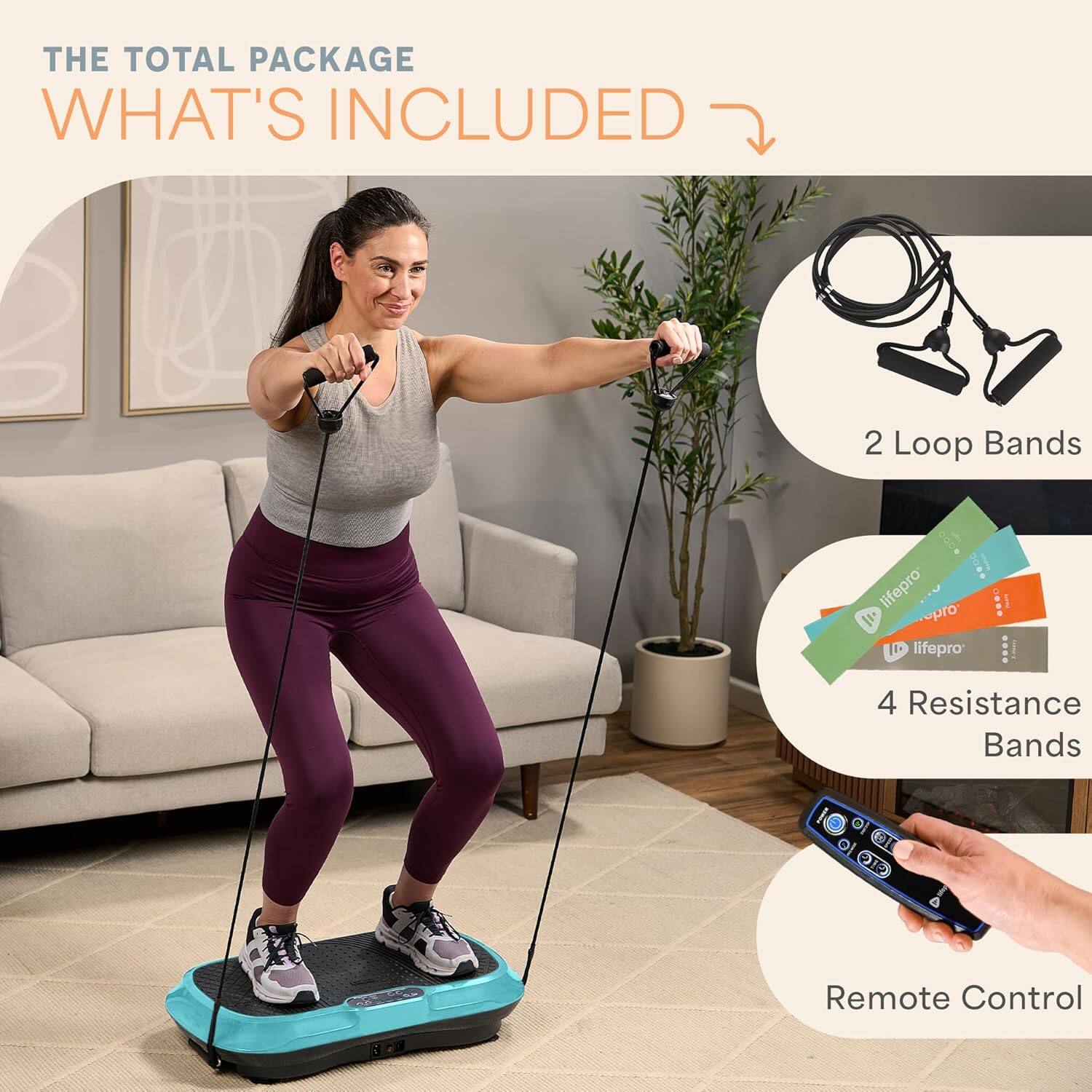 THE TOTAL PACKAGE  
WHAT'S INCLUDED  

- 2 Loop Bands  
- 4 Resistance Bands  
- Remote Control