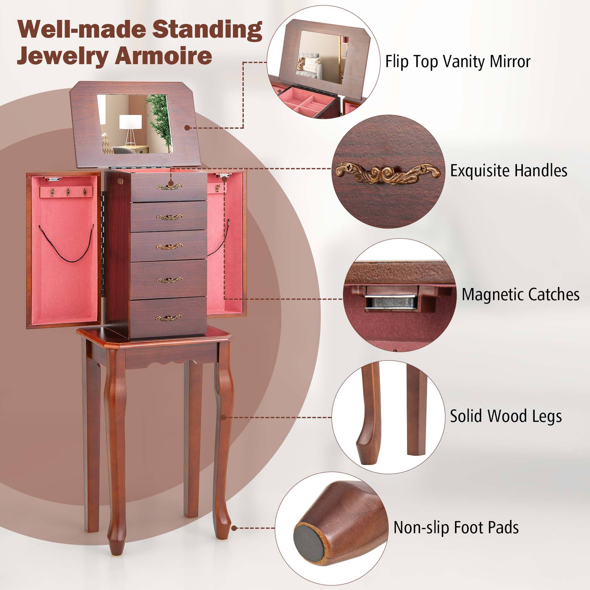 Well-made Standing Jewelry Armoire Flip Top Vanity Mirror Exquisite Handles Magnetic Catches Solid Wood Legs Non-slip Foot Pads
