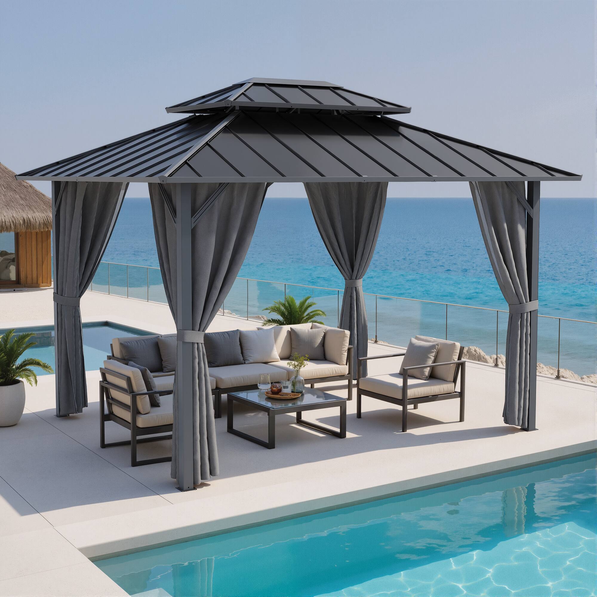 Angle. Ovios - 10’x12' Outdoor Gazebo with Double Roof Heavy Duty Steel Frame, Curtains & Netting - Gray.