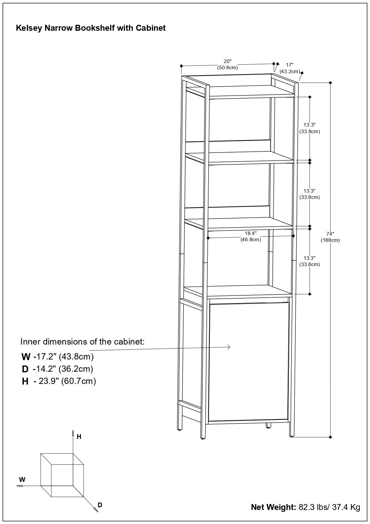 Kelsey Narrow Bookshelf with Cabinet

- Width: 20" (50.8cm)
- Depth: 17" (43.2cm)
- Height: 74" (188cm)

Inner dimensions of the cabinet:
- Width: 17.2" (43.8cm)
- Depth: 14.2" (36.2cm)
- Height: 23.9" (60.7cm)

Net Weight: 82.3 lbs / 37.4 Kg