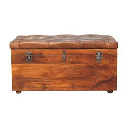 Artisan Furniture - Solid Wood Buffalo Hide Chestnut Storage Trunk, Upholstered - Dark Brown